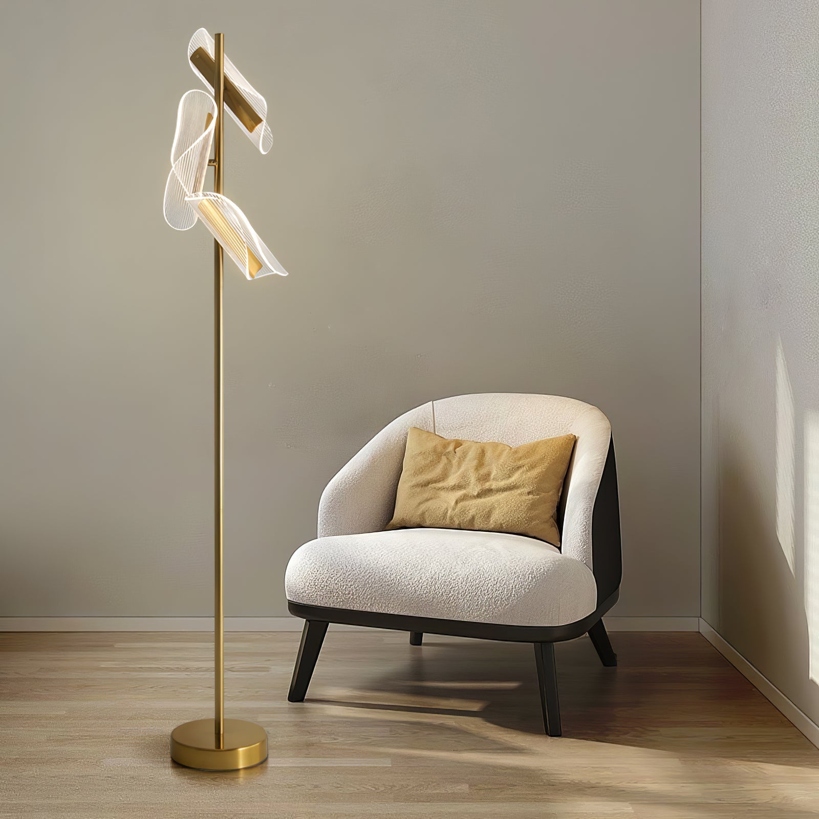 Salgado Floor Lamp Waves/3 Heads Modern, Acrylic, Gold/White, Living Room - Neutralighting