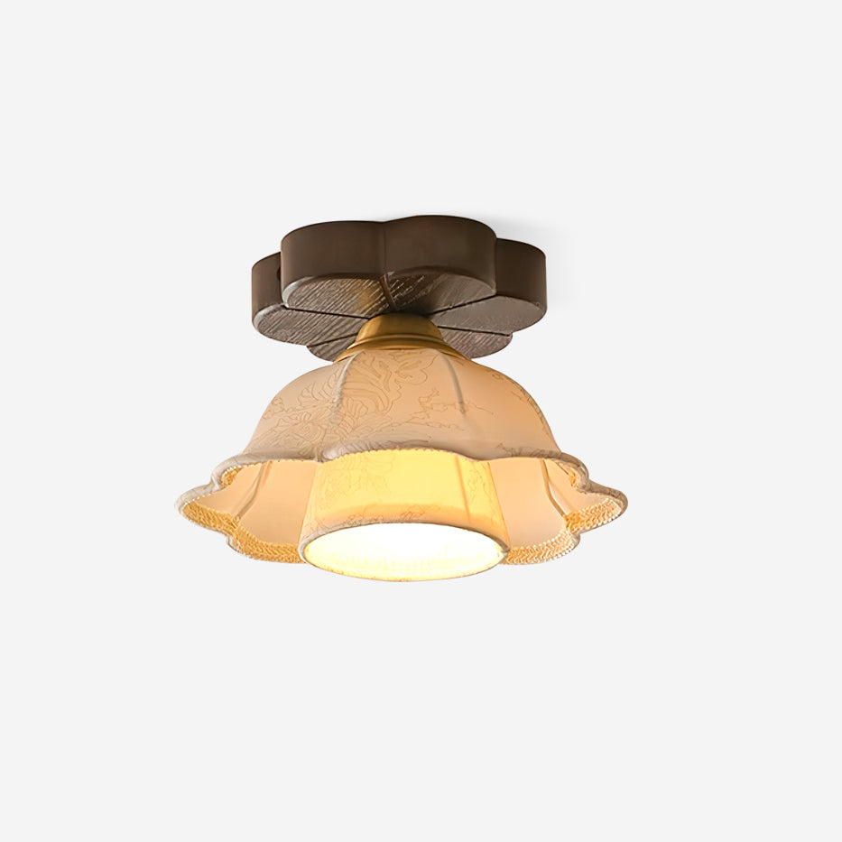 Ceiling Light Scalloped Fabric Shade Walnut Wood Canopy Vintage - Neutralighting