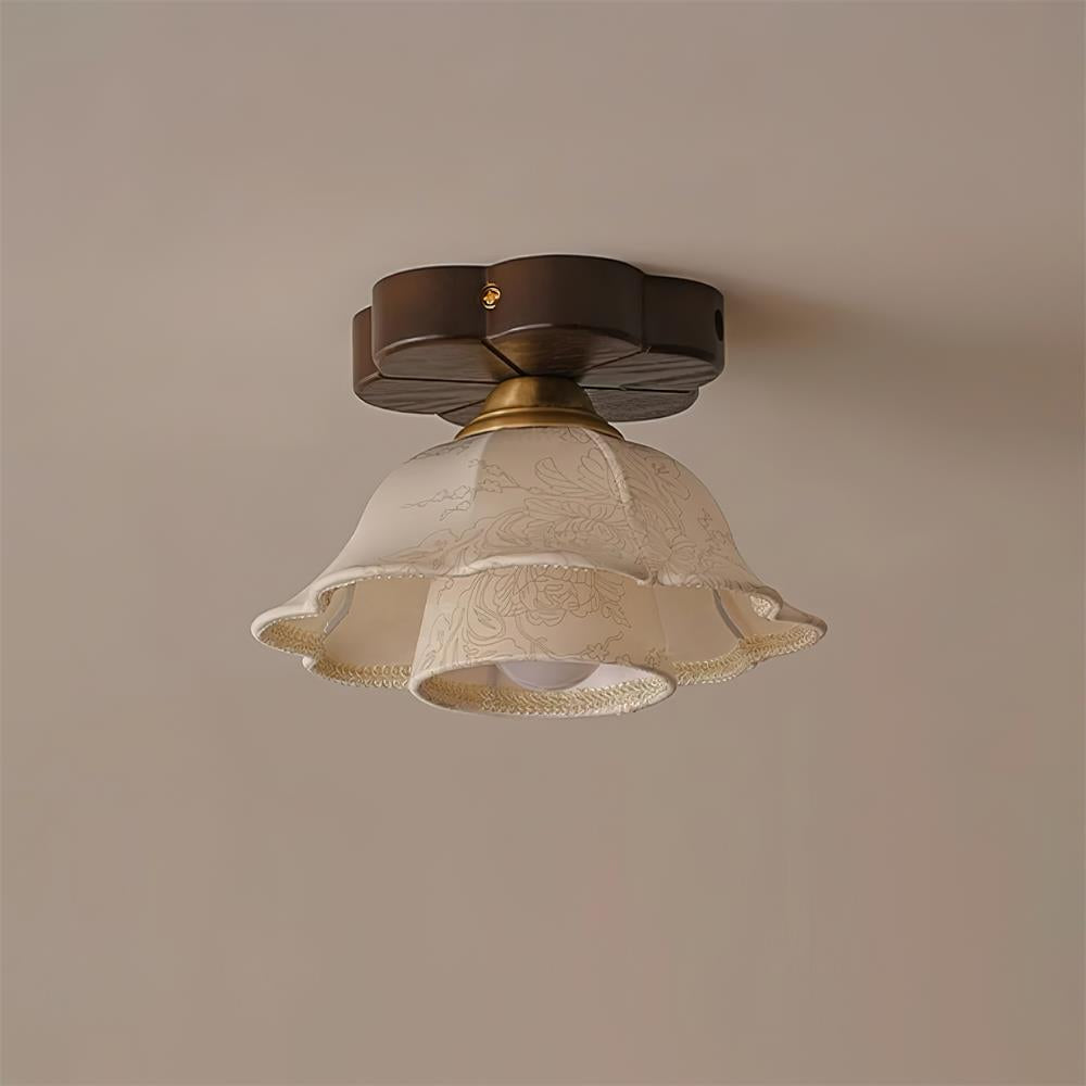 Ceiling Light Scalloped Fabric Shade Walnut Wood Canopy Vintage - Neutralighting