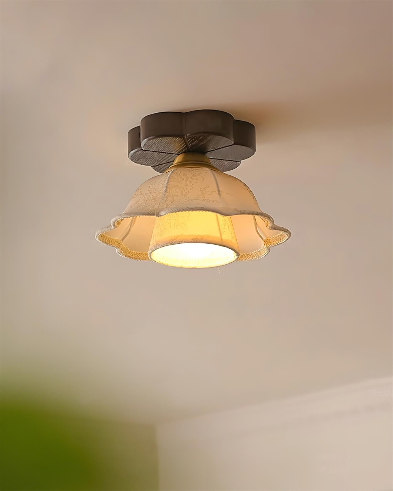 Ceiling Light Scalloped Fabric Shade Walnut Wood Canopy Vintage - Neutralighting