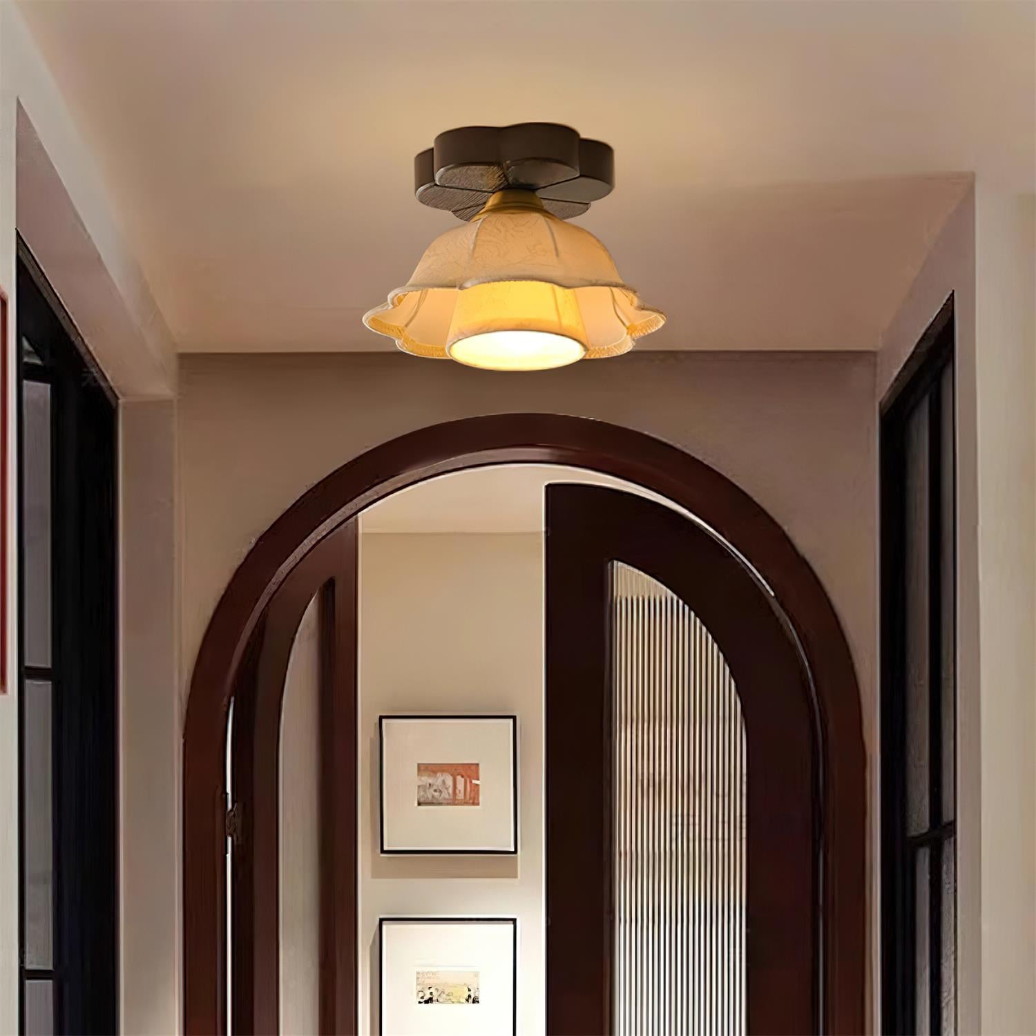 Ceiling Light Scalloped Fabric Shade Walnut Wood Canopy Vintage - Neutralighting