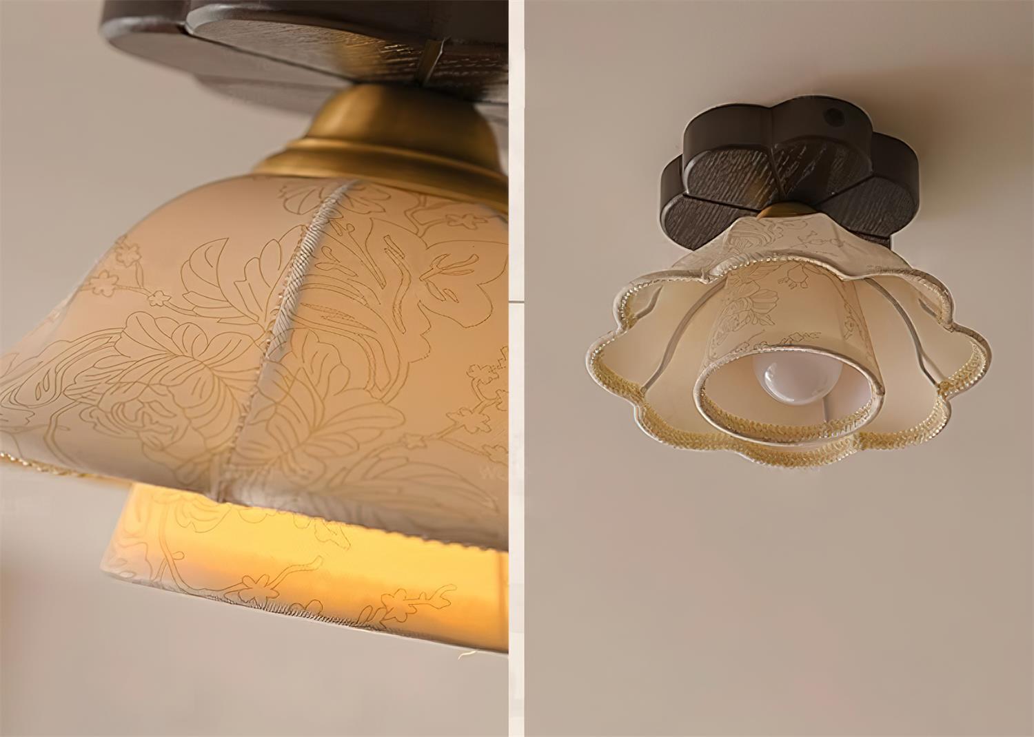 Ceiling Light Scalloped Fabric Shade Walnut Wood Canopy Vintage - Neutralighting