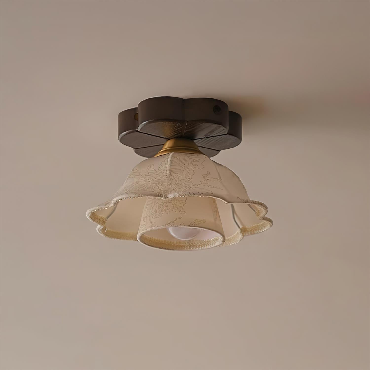 Ceiling Light Scalloped Fabric Shade Walnut Wood Canopy Vintage - Neutralighting
