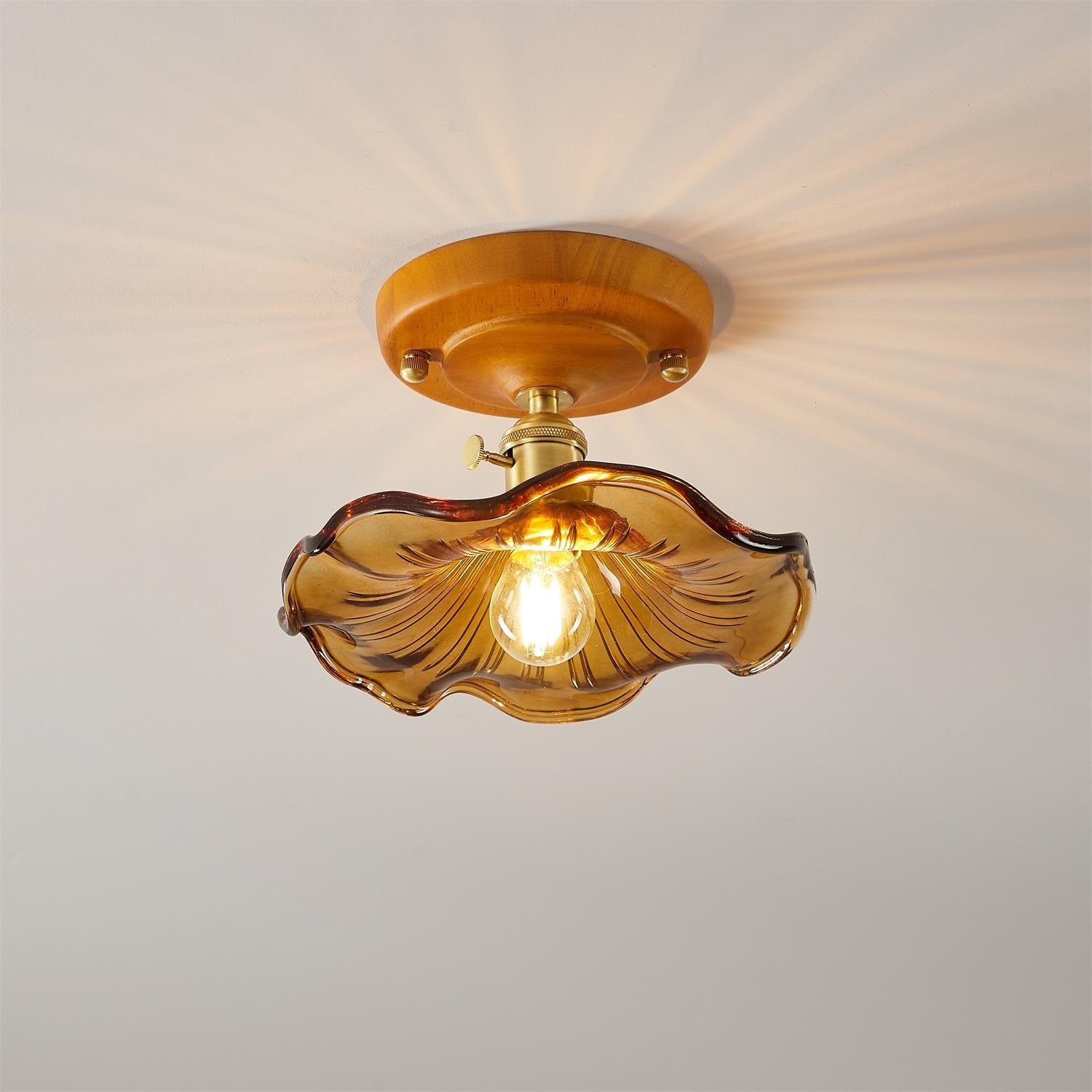 Ceiling Light Wood Canopy Brass & Glass Shade Vintage Floral Farmhouse - Neutralighting