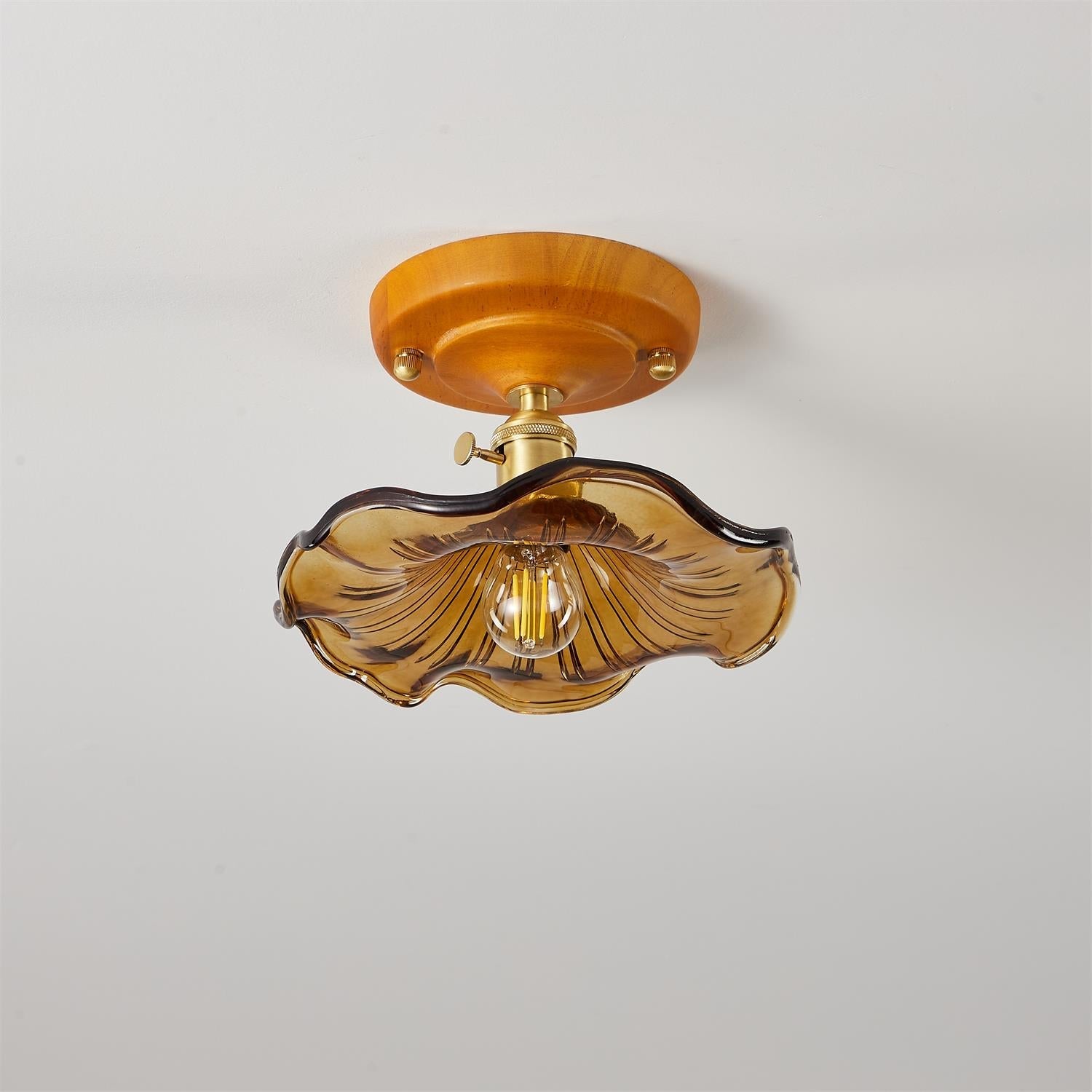 Ceiling Light Wood Canopy Brass & Glass Shade Vintage Floral Farmhouse - Neutralighting