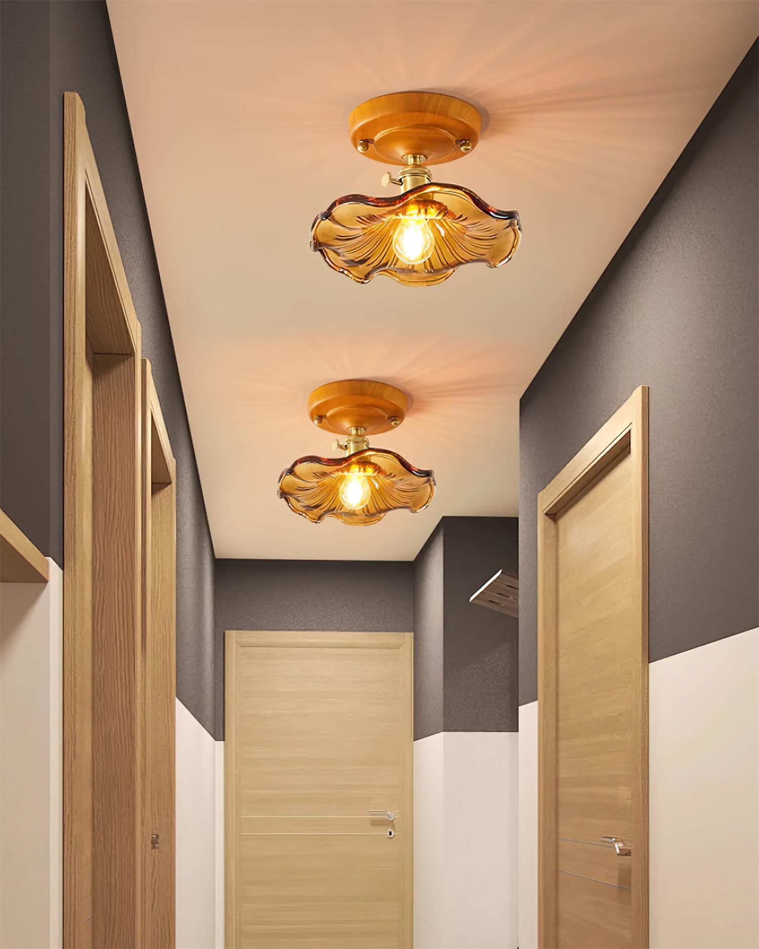 Ceiling Light Wood Canopy Brass & Glass Shade Vintage Floral Farmhouse - Neutralighting