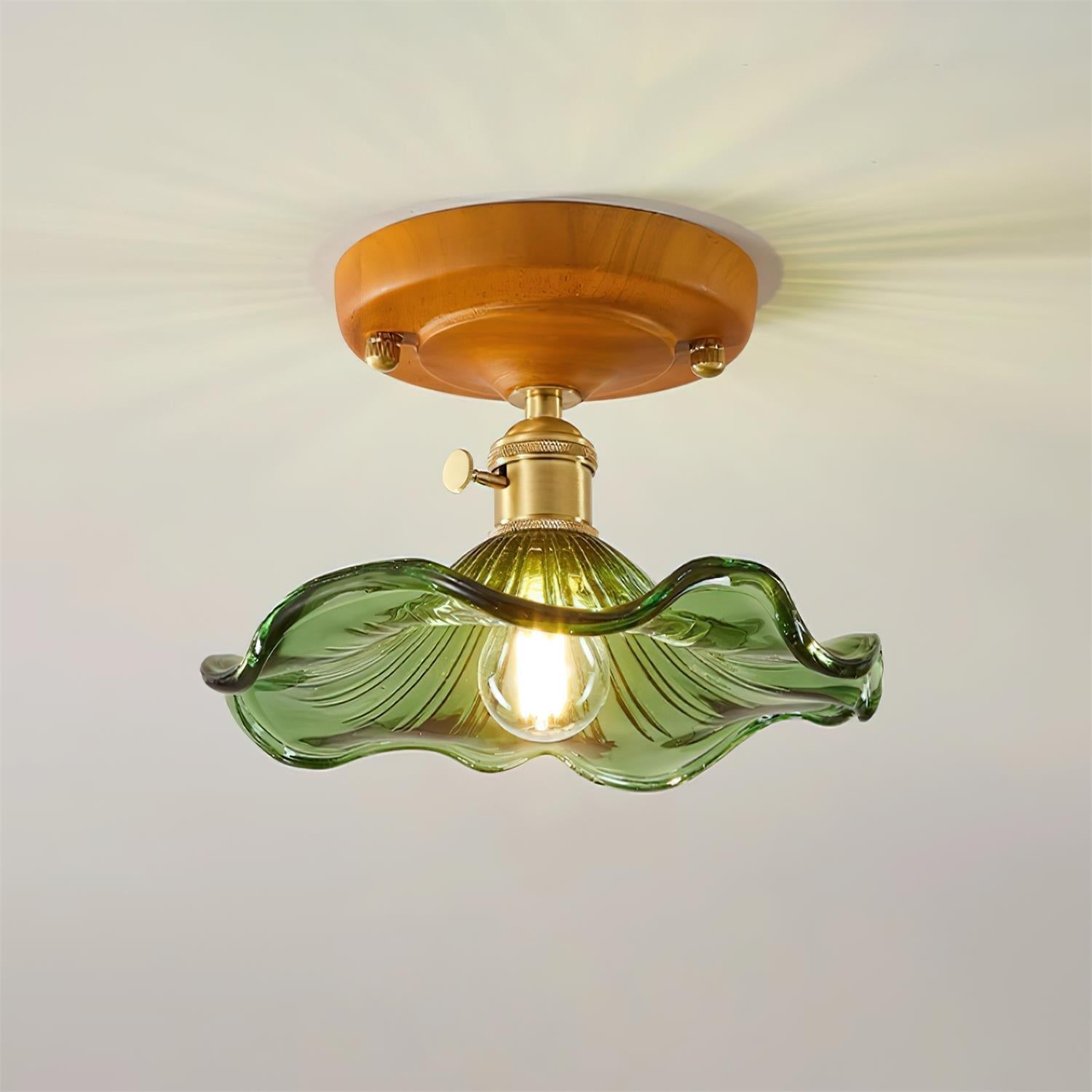 Ceiling Light Wood Canopy Brass & Glass Shade Vintage Floral Farmhouse - Neutralighting
