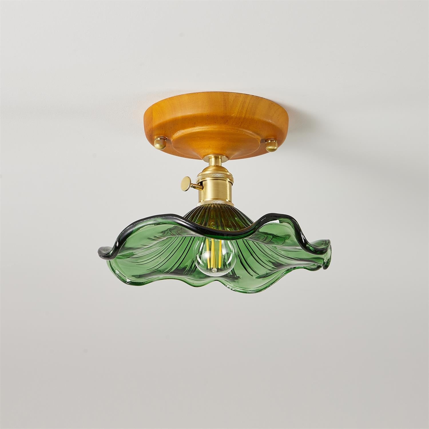Ceiling Light Wood Canopy Brass & Glass Shade Vintage Floral Farmhouse - Neutralighting