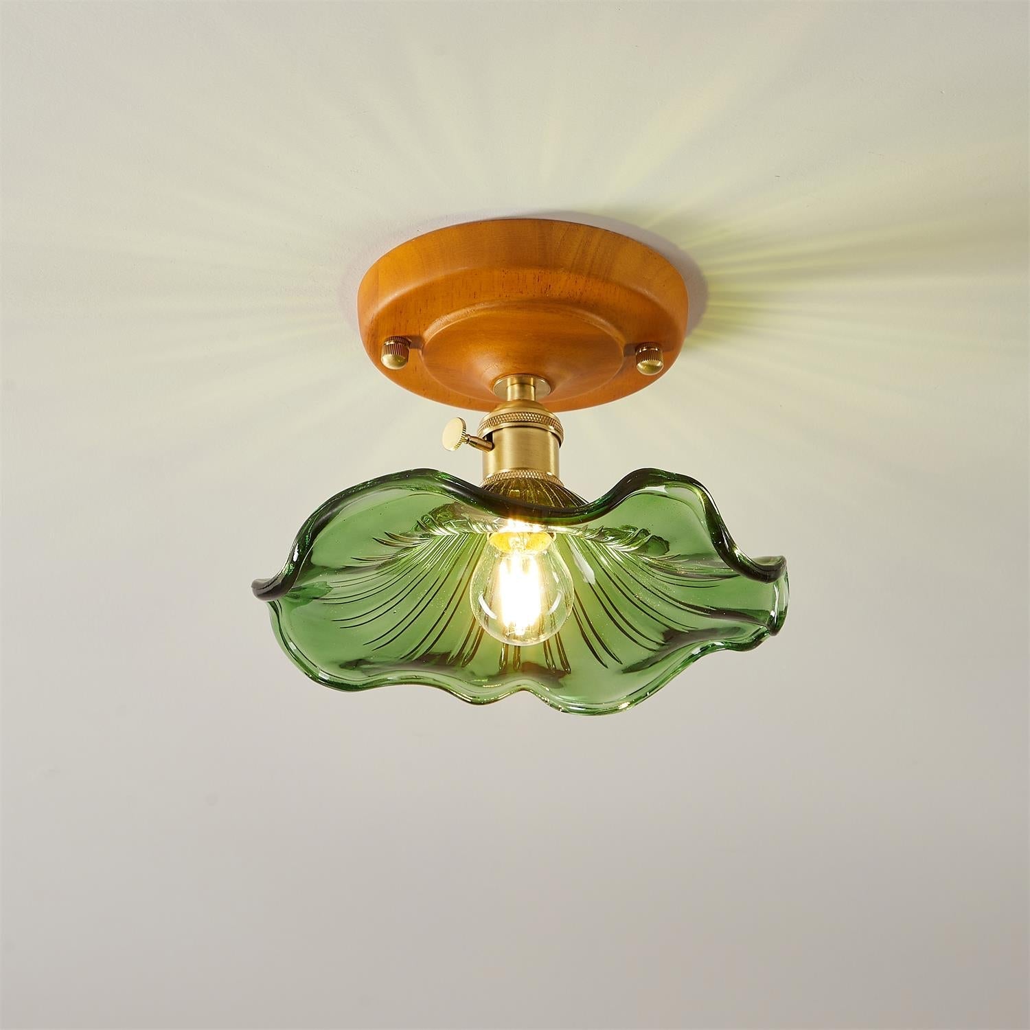 Ceiling Light Wood Canopy Brass & Glass Shade Vintage Floral Farmhouse - Neutralighting