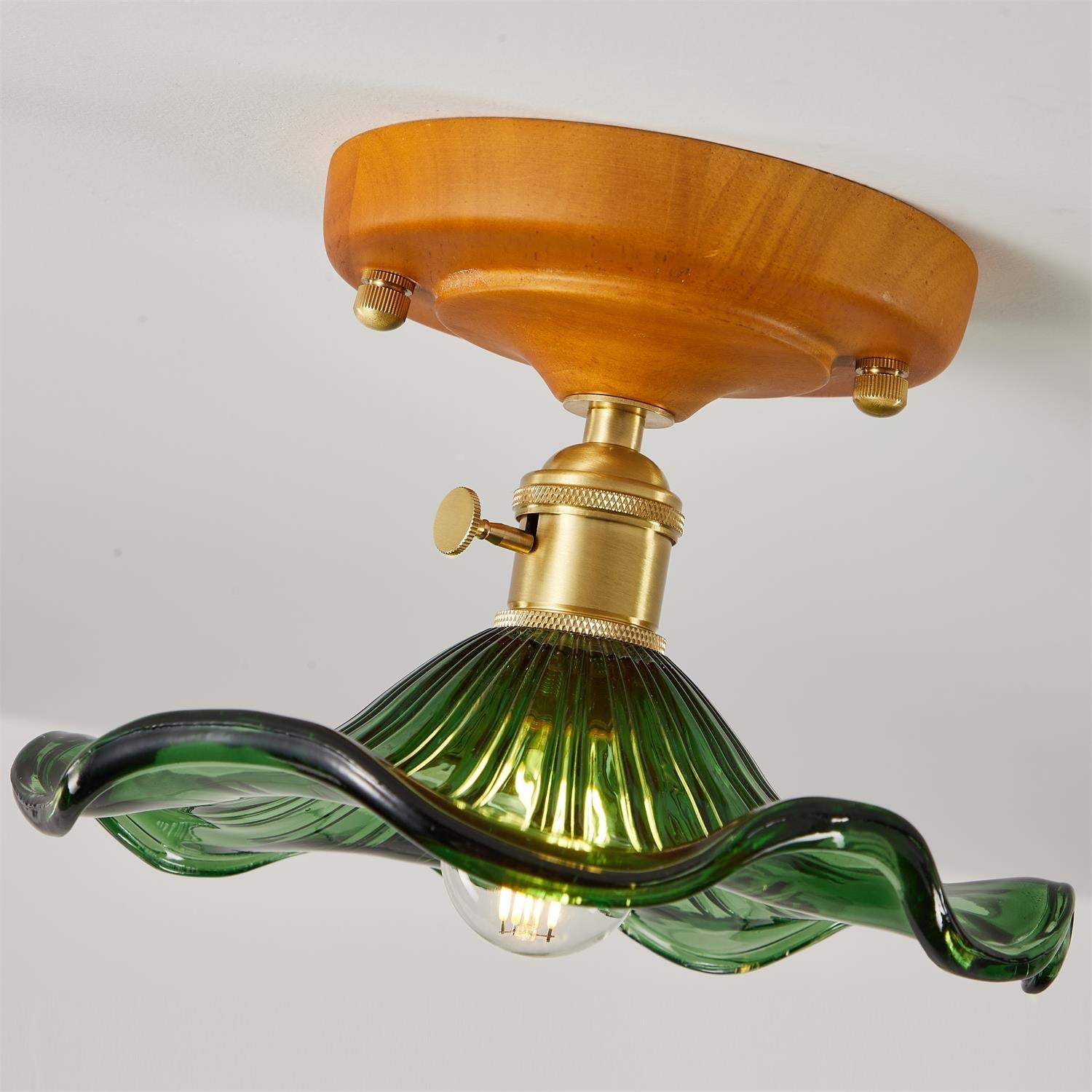 Ceiling Light Wood Canopy Brass & Glass Shade Vintage Floral Farmhouse - Neutralighting