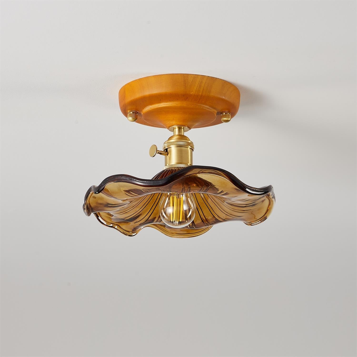 Ceiling Light Wood Canopy Brass & Glass Shade Vintage Floral Farmhouse - Neutralighting
