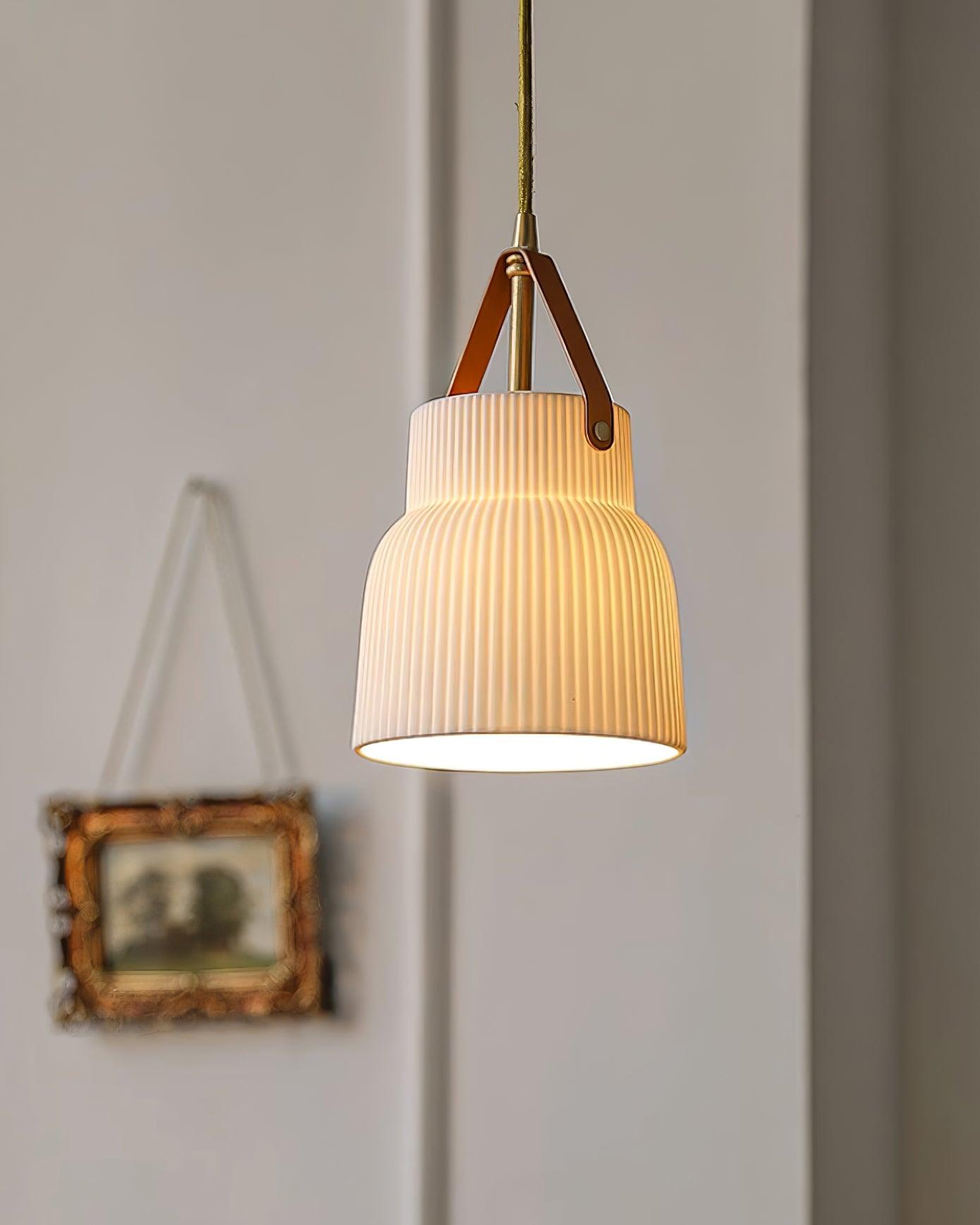 Pendant Lamp Ceramic Ribbed Shade Brass Leather Strap Modern - Neutralighting