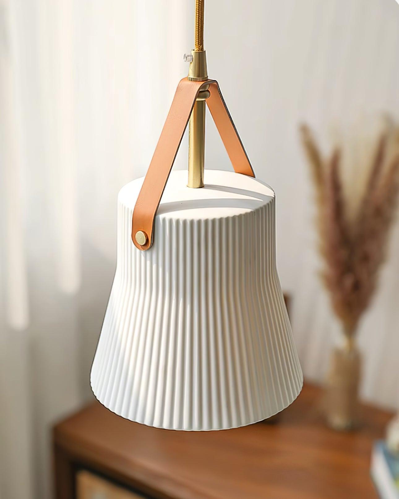 Pendant Lamp Ceramic Ribbed Shade Brass Leather Strap Modern - Neutralighting