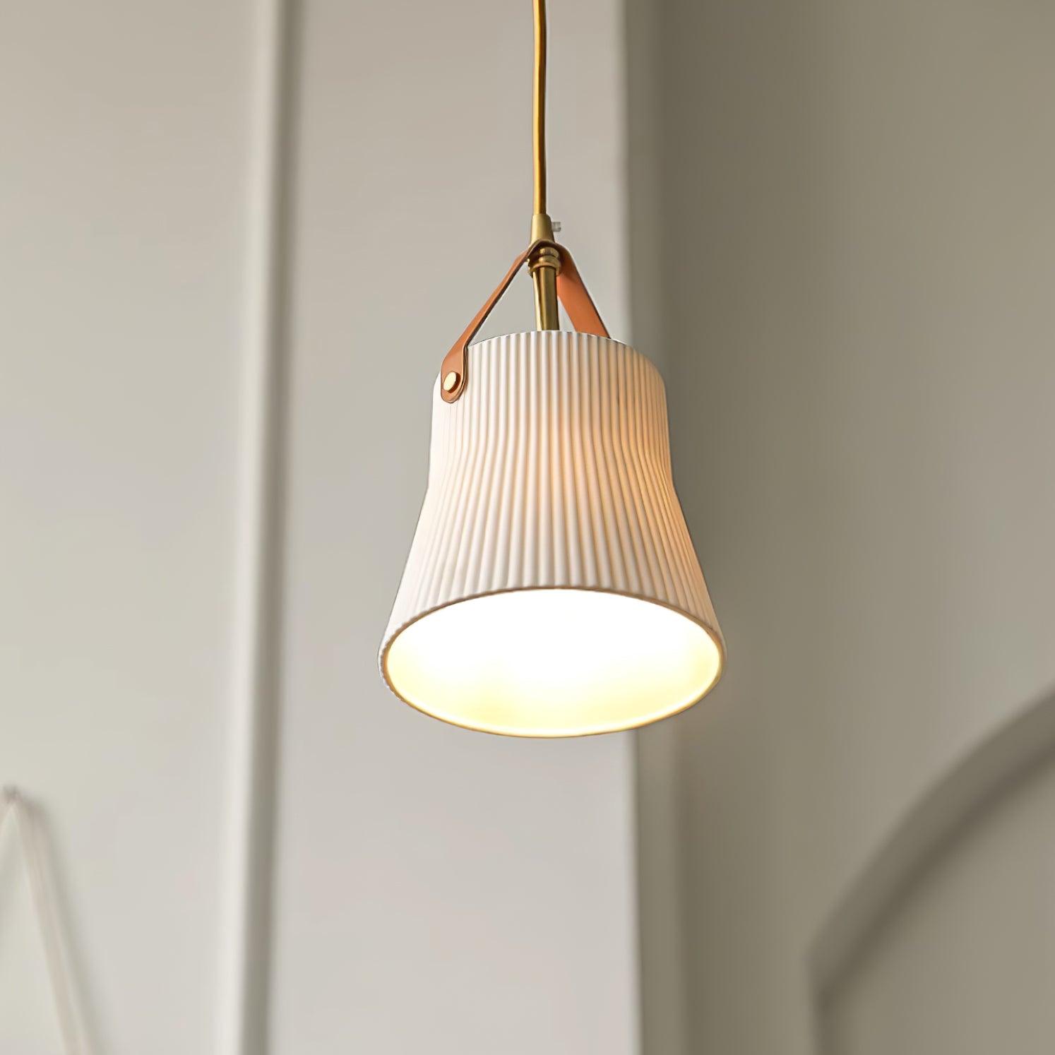 Pendant Lamp Ceramic Ribbed Shade Brass Leather Strap Modern - Neutralighting