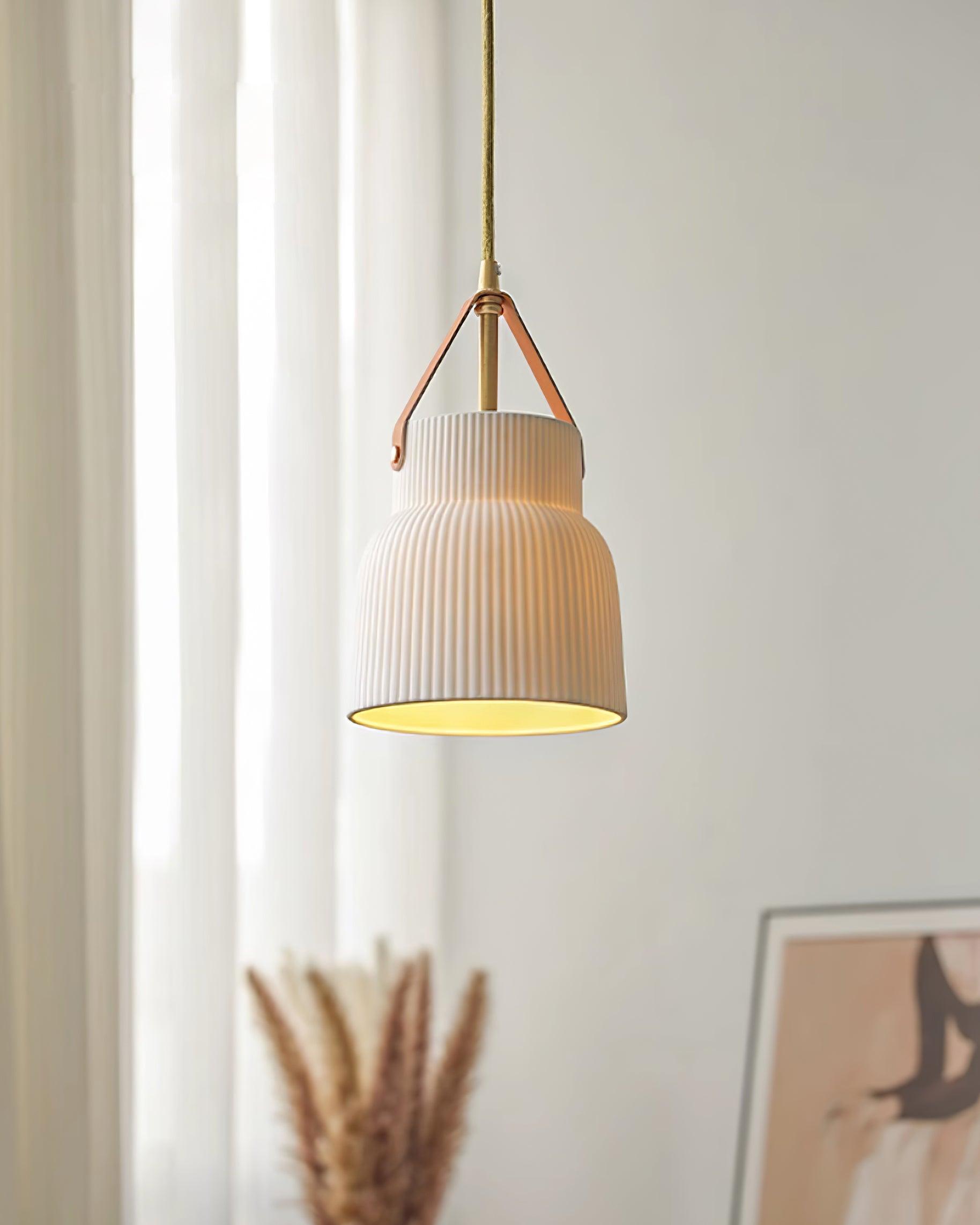 Pendant Lamp Ceramic Ribbed Shade Brass Leather Strap Modern - Neutralighting
