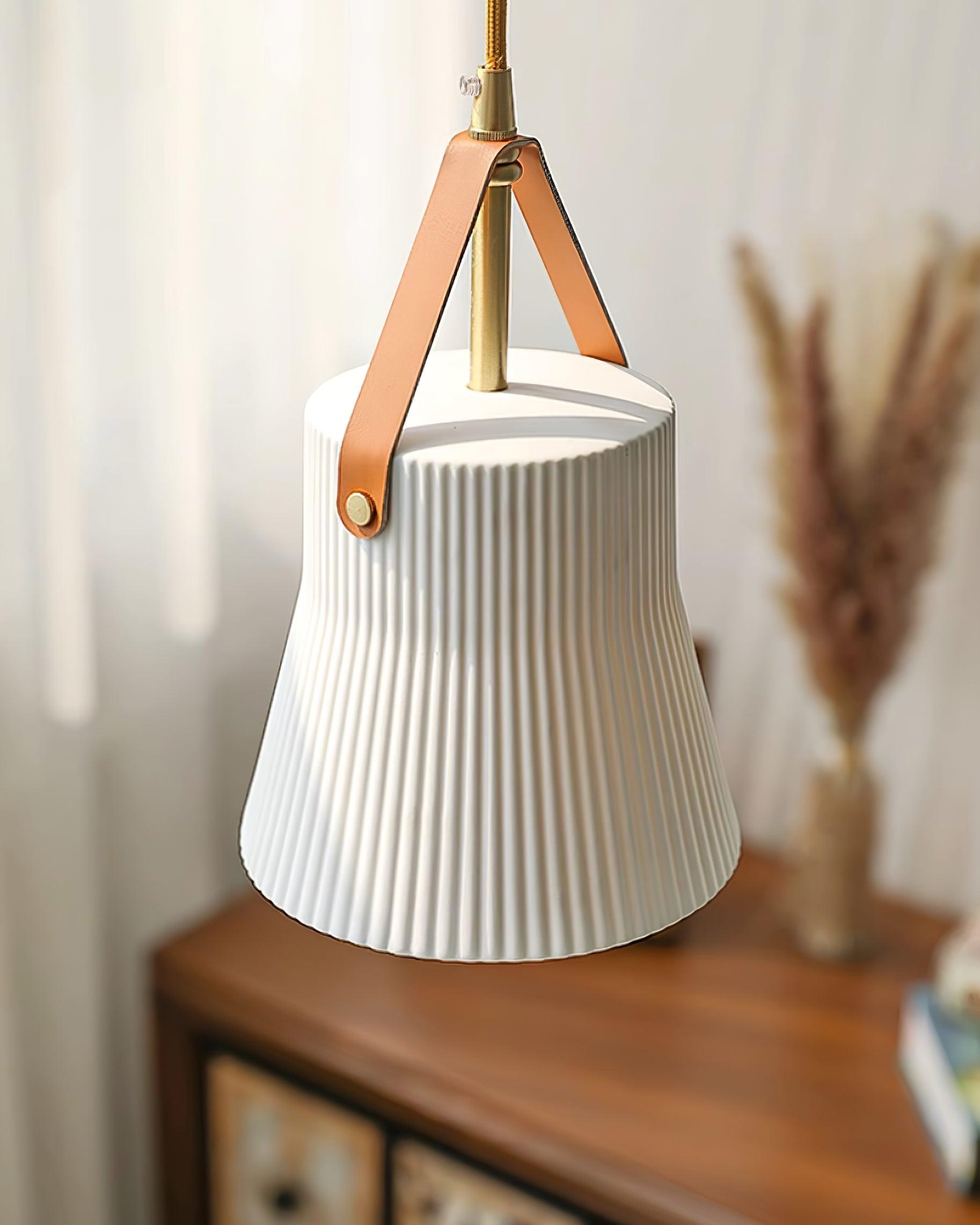 Pendant Lamp Ceramic Ribbed Shade Brass Leather Strap Modern - Neutralighting