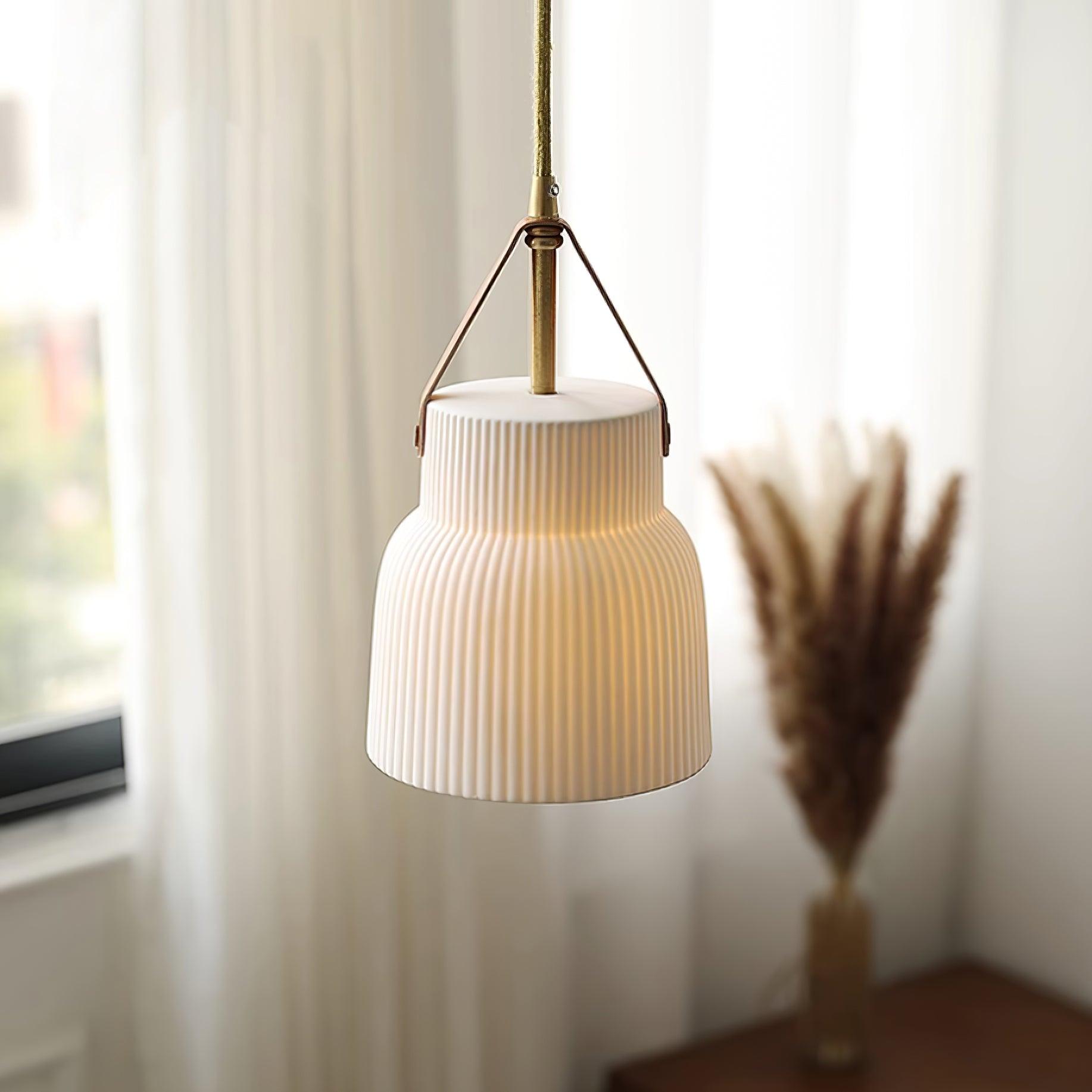 Pendant Lamp Ceramic Ribbed Shade Brass Leather Strap Modern - Neutralighting
