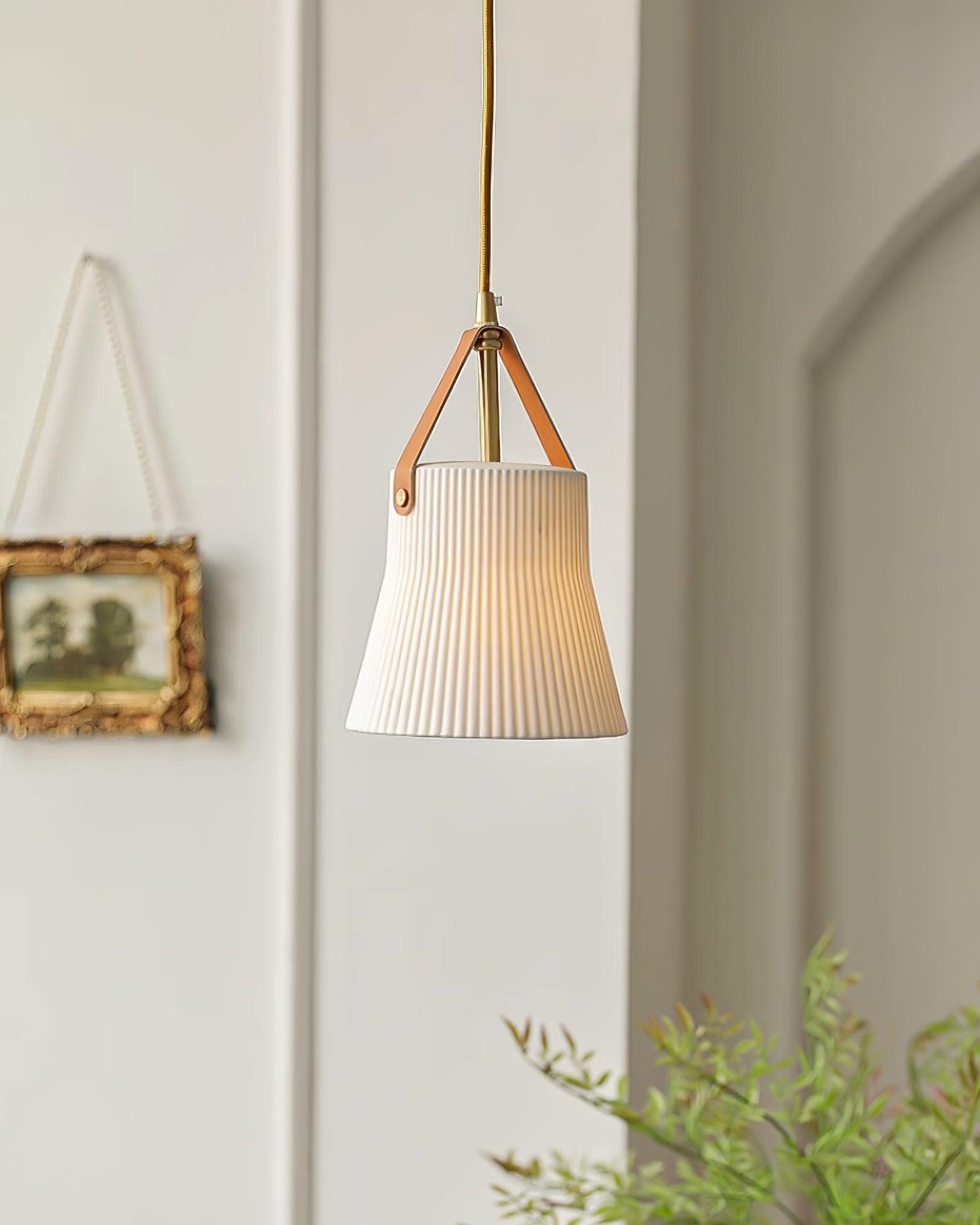 Pendant Lamp Ceramic Ribbed Shade Brass Leather Strap Modern - Neutralighting