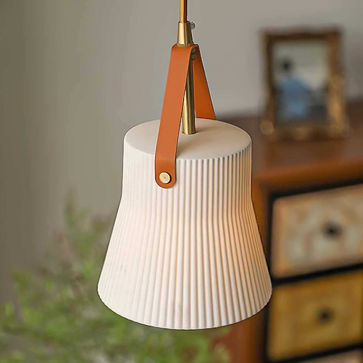 Pendant Lamp Ceramic Ribbed Shade Brass Leather Strap Modern - Neutralighting
