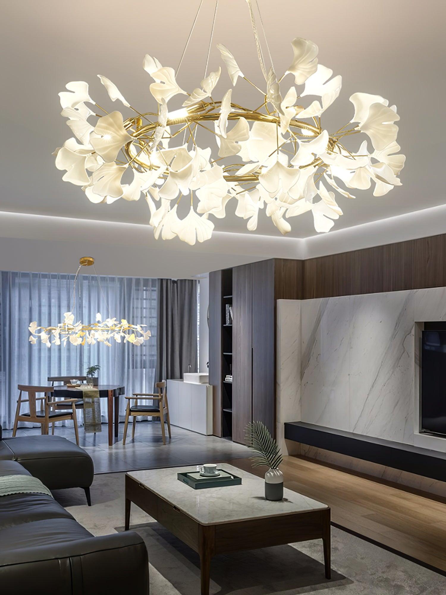 Chandelier Metal Frame Ceramic Gingko White Gold Shade Modern Art - Neutralighting
