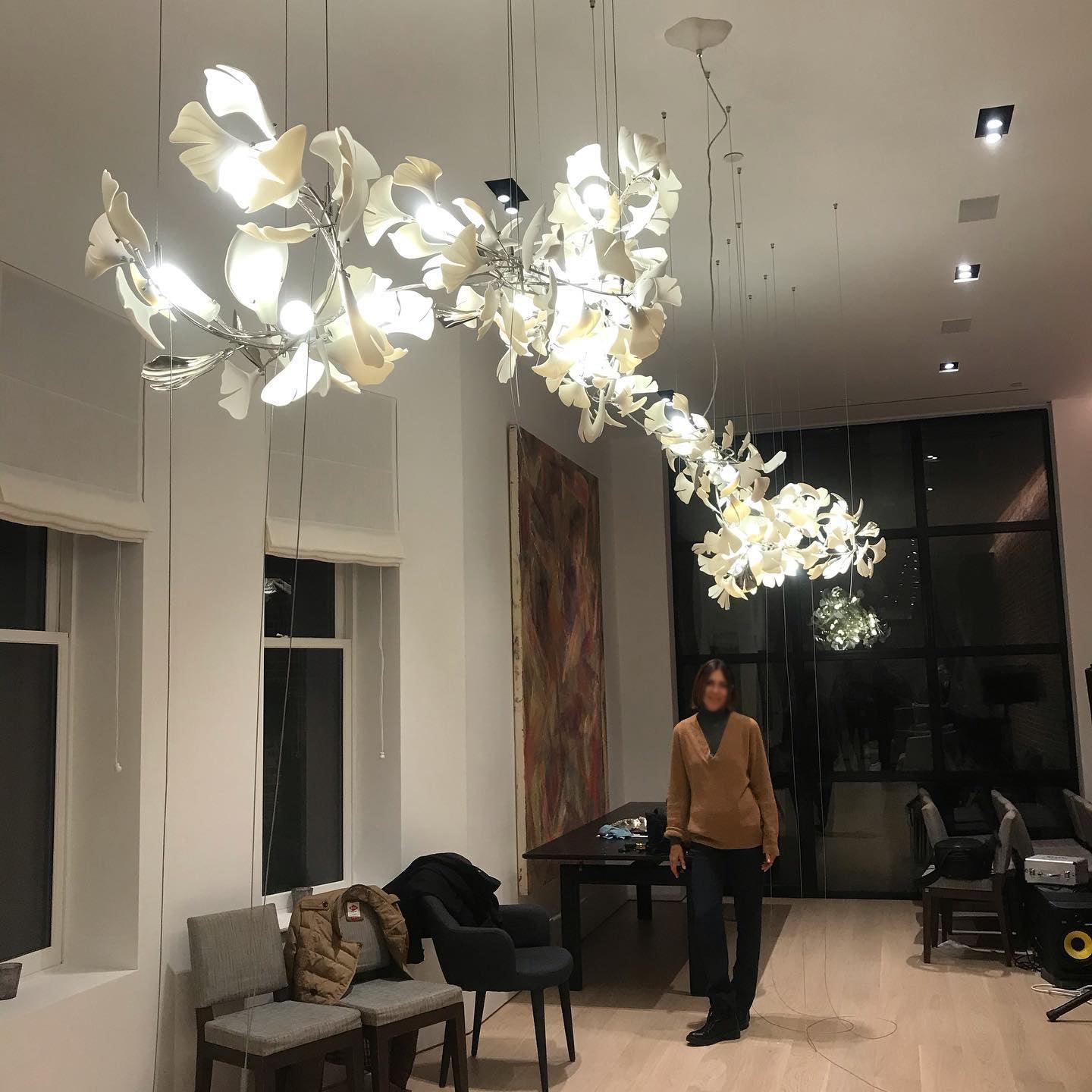 Chandelier Metal Frame Ceramic Gingko Leaf Shade White Gold Modern - Neutralighting