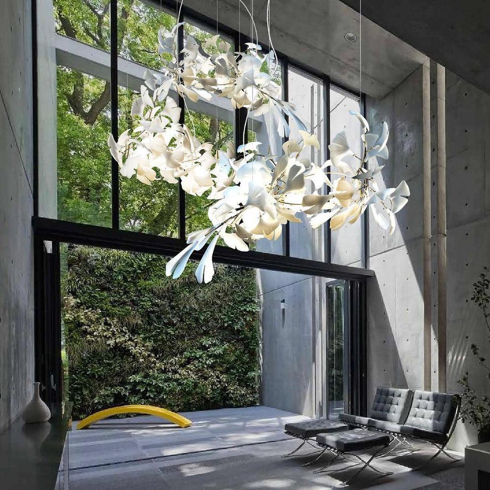 Chandelier Metal Frame Ceramic Gingko Leaf Shade White Gold Modern - Neutralighting
