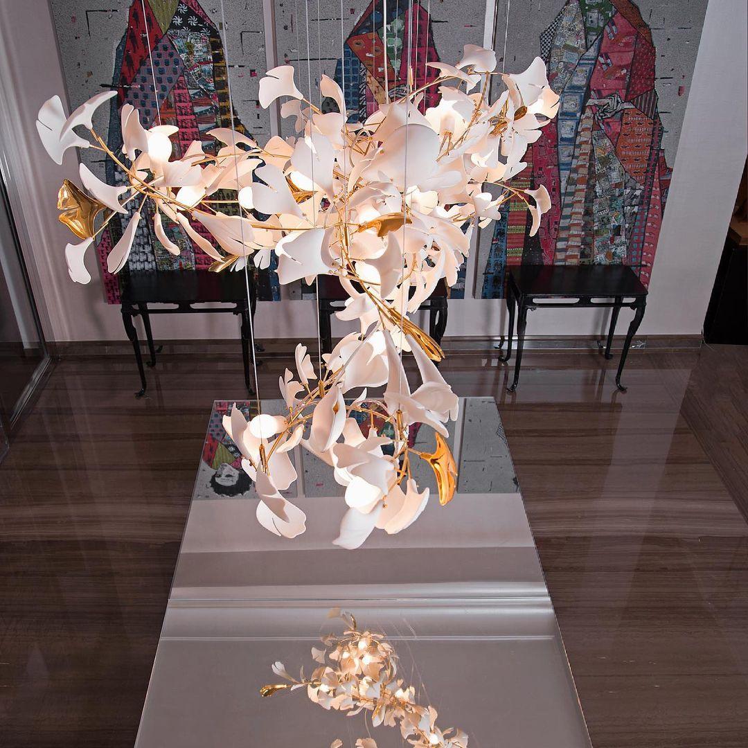Chandelier Metal Frame Ceramic Gingko Leaf Shade White Gold Modern - Neutralighting