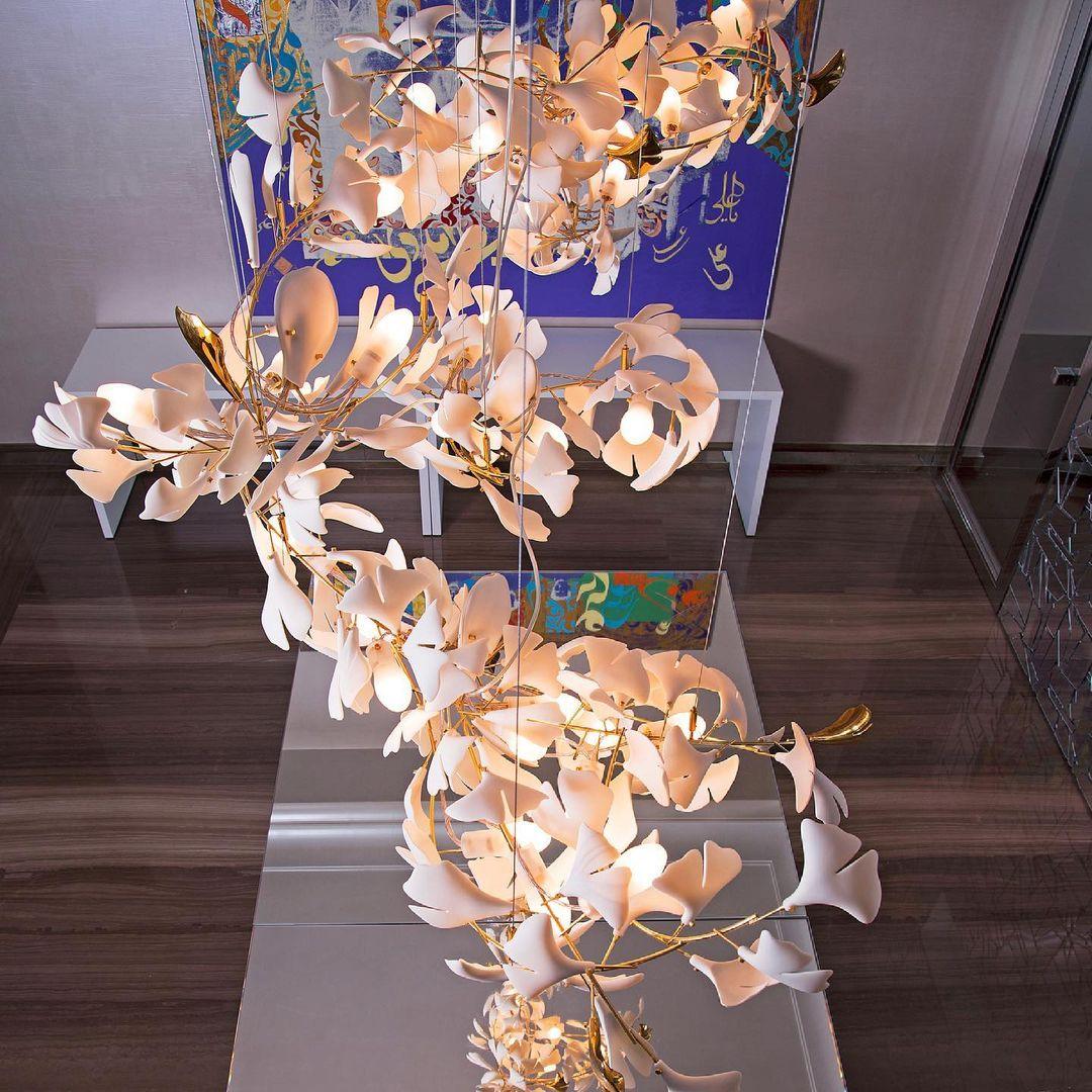 Chandelier Metal Frame Ceramic Gingko Leaf Shade White Gold Modern - Neutralighting
