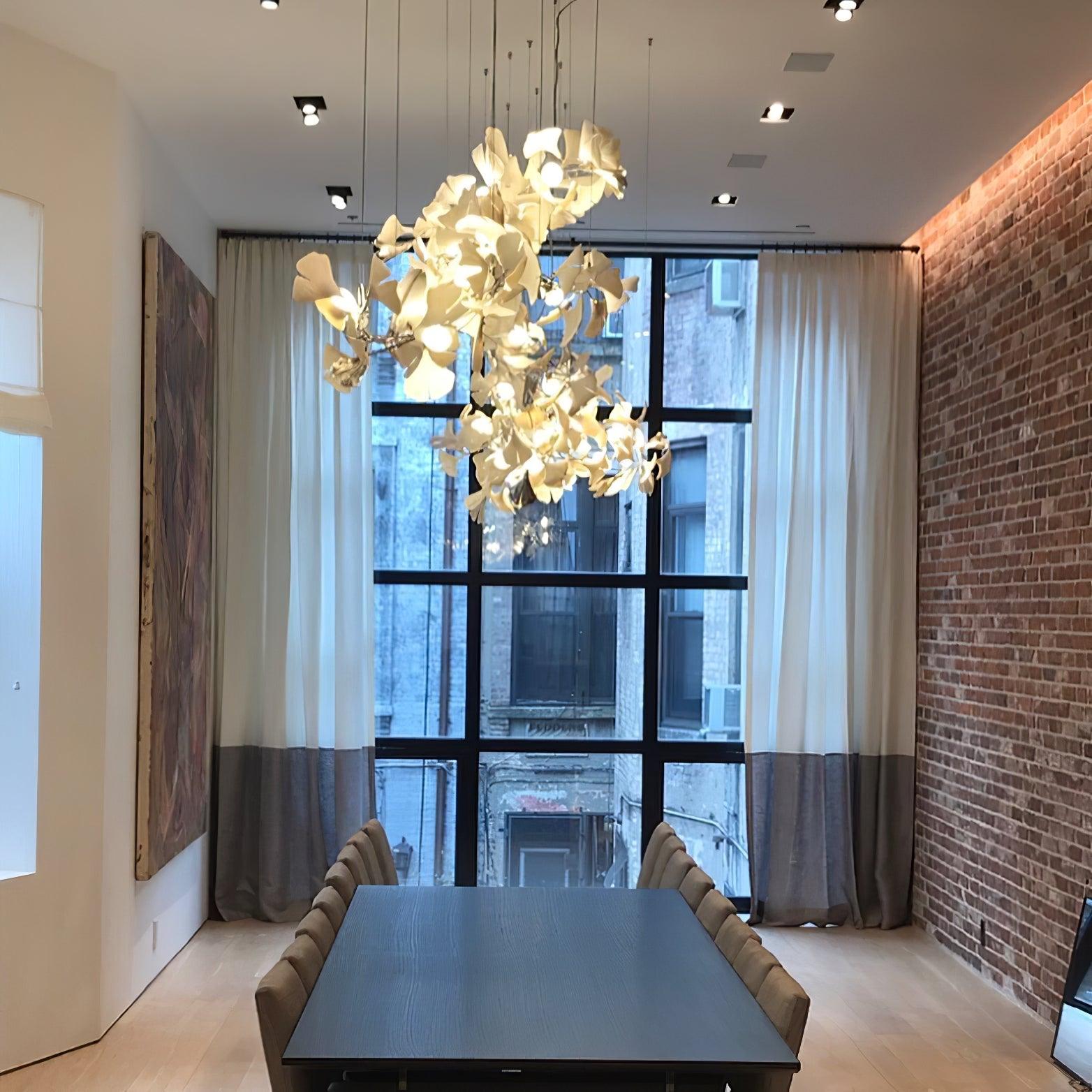 Chandelier Metal Frame Ceramic Gingko Leaf Shade White Gold Modern - Neutralighting