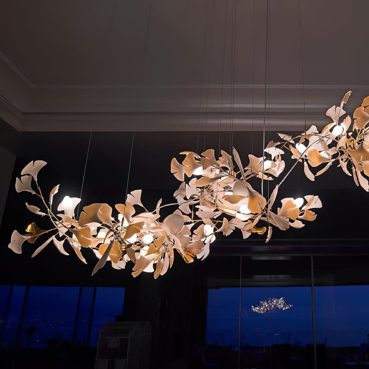 Chandelier Metal Frame Ceramic Gingko Leaf Shade White Gold Modern - Neutralighting