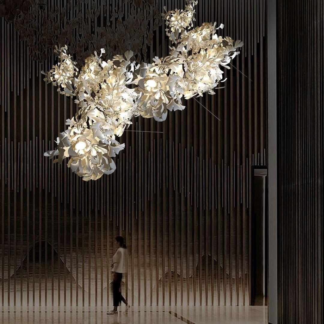 Chandelier Metal Frame Ceramic Gingko Leaf Shade White Gold Modern - Neutralighting