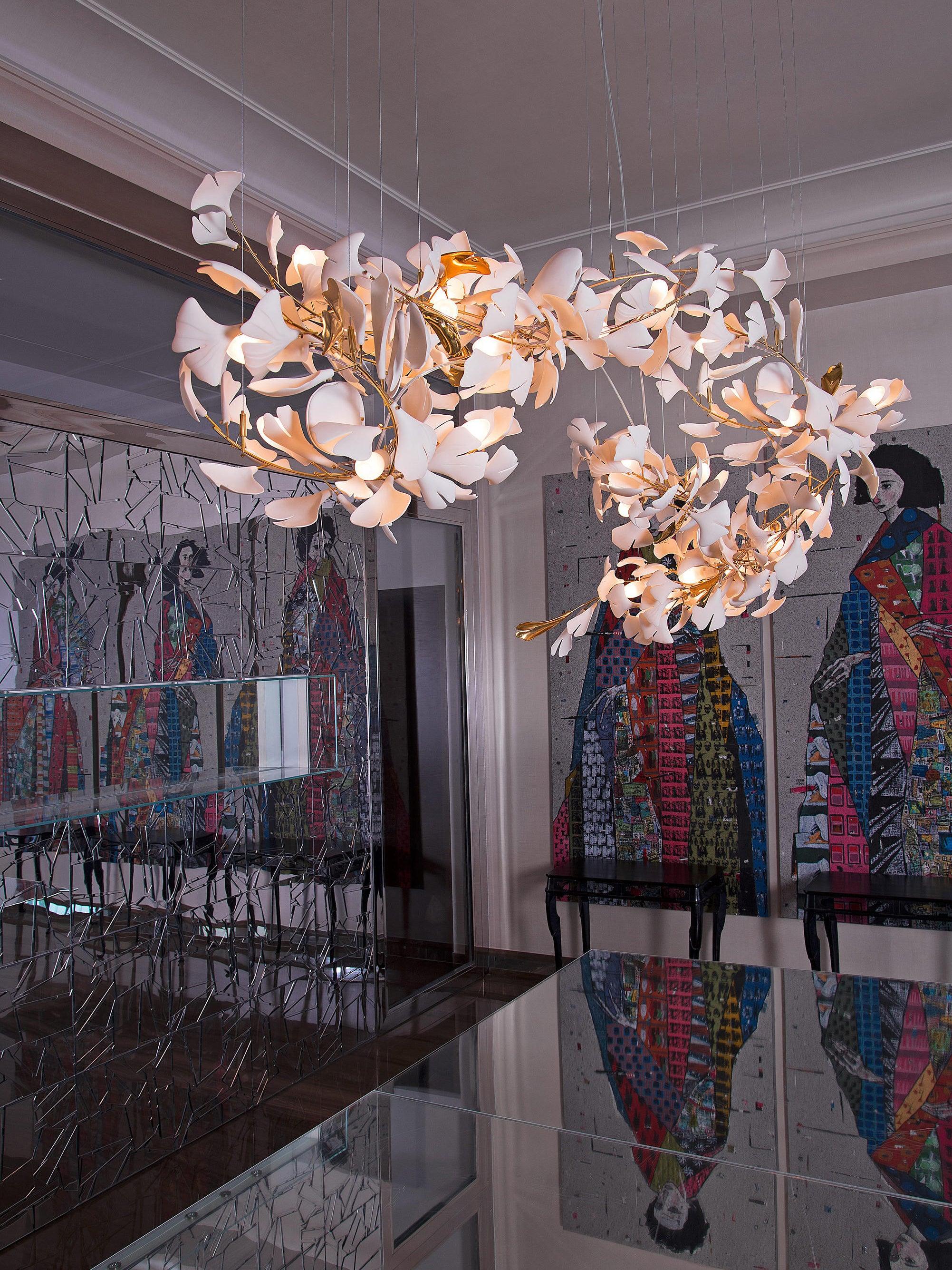 Chandelier Metal Frame Ceramic Gingko Leaf Shade White Gold Modern - Neutralighting