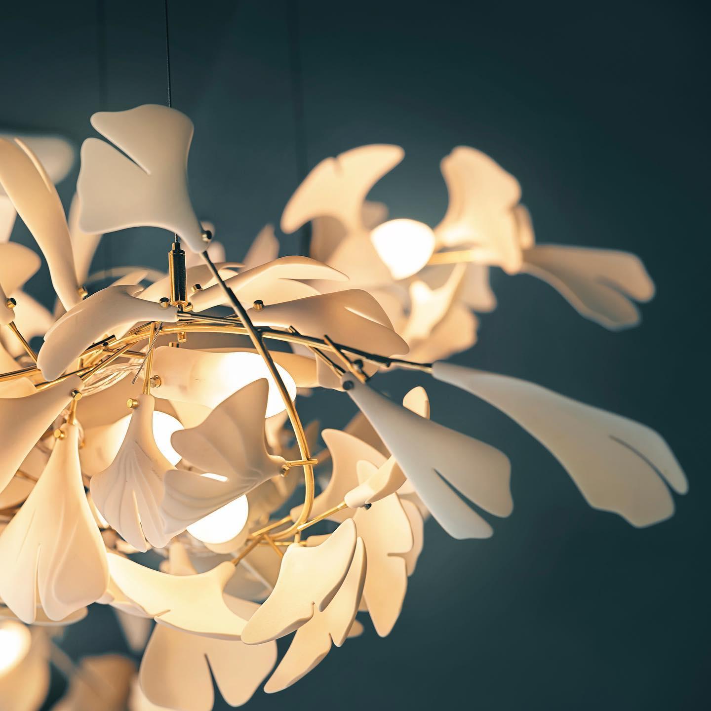 Chandelier Metal Frame Ceramic Gingko Leaf Shade White Gold Modern - Neutralighting