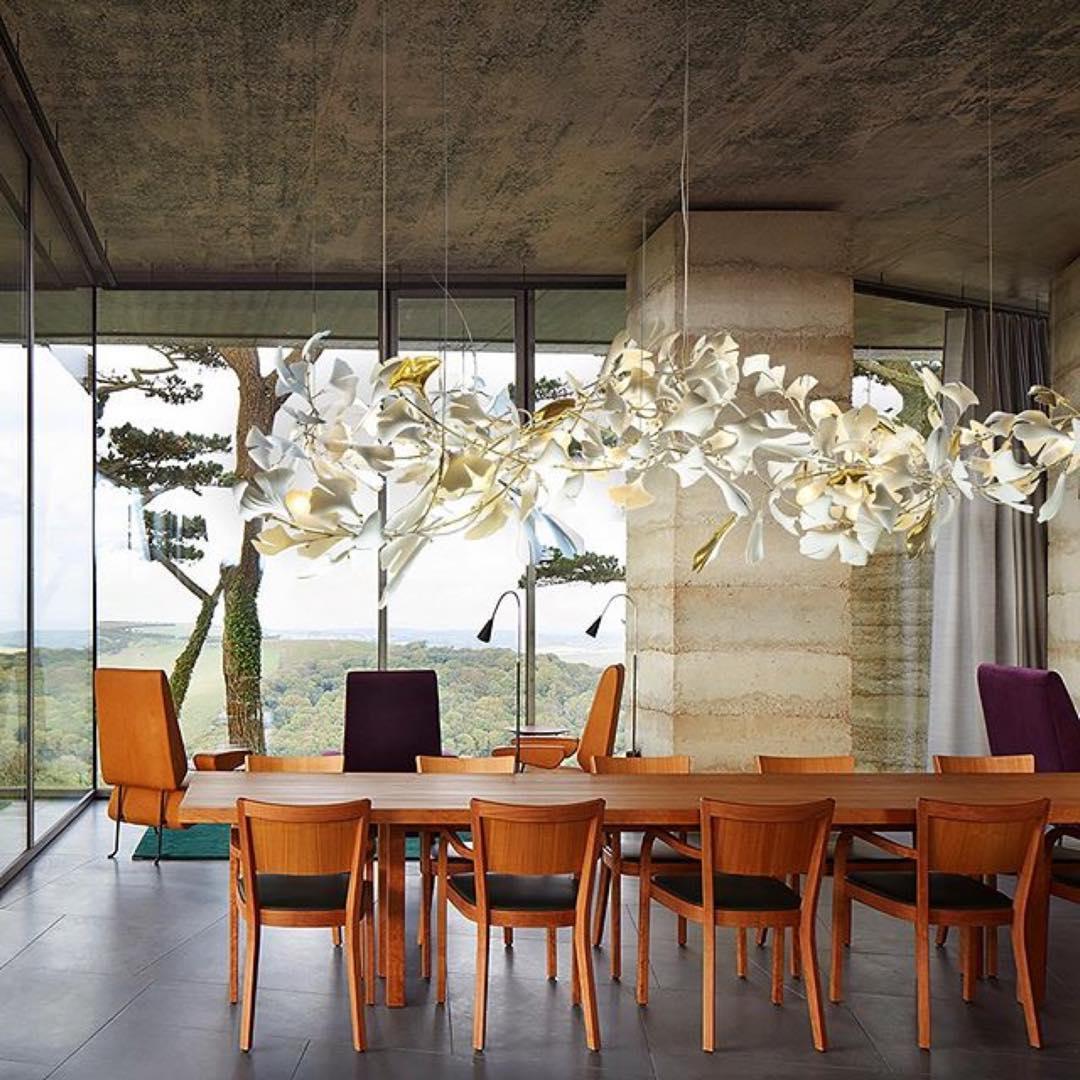 Chandelier Metal Frame Ceramic Gingko Leaf Shade White Gold Modern - Neutralighting