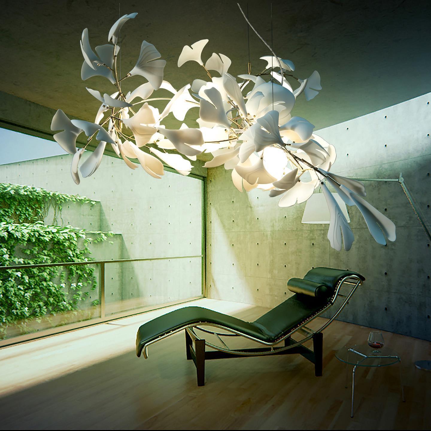 Chandelier Metal Frame Ceramic Gingko Leaf Shade White Gold Modern - Neutralighting