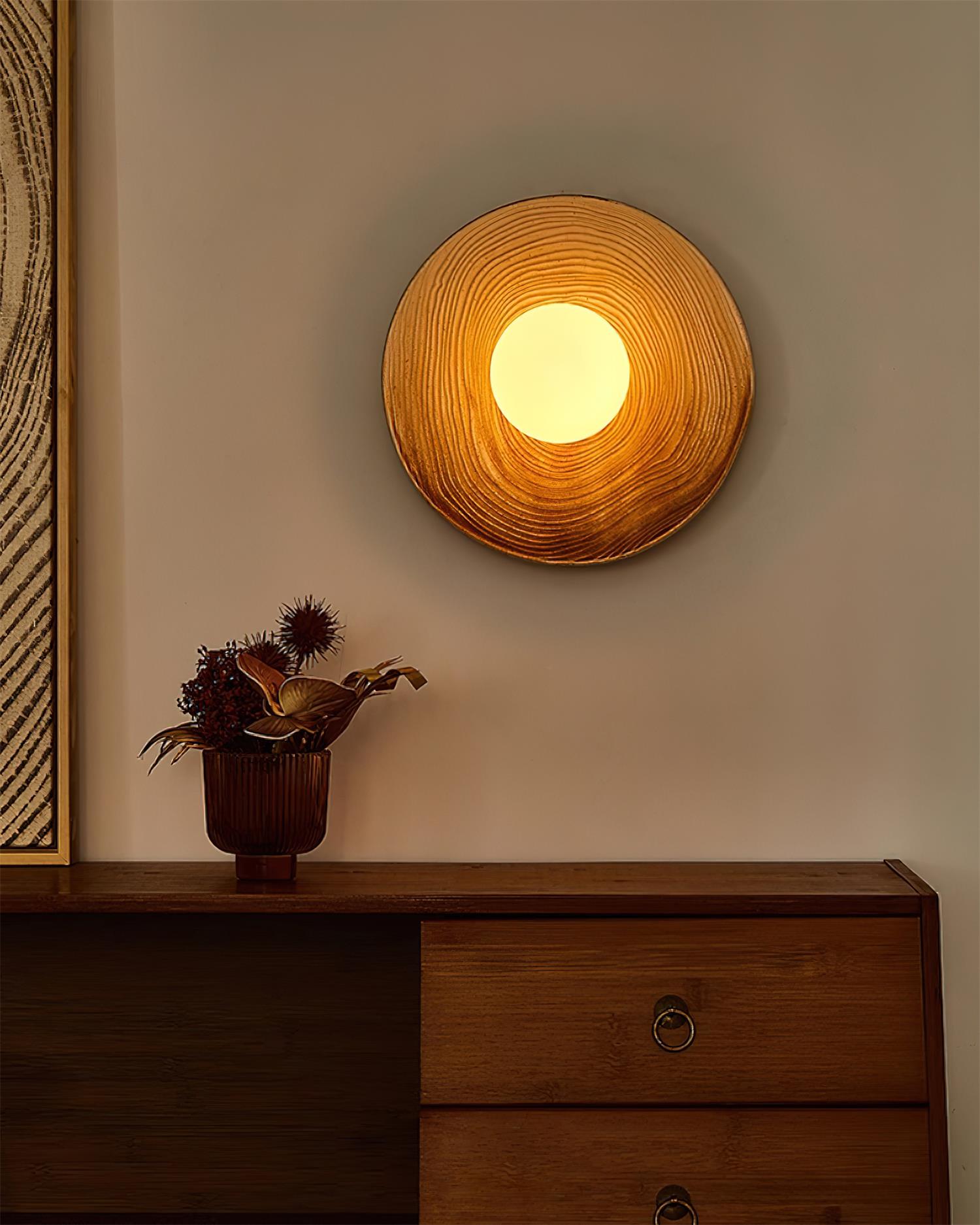 Wall Lamp Textured Ceramic Disc Wood Accent Modern Entryways - Neutralighting
