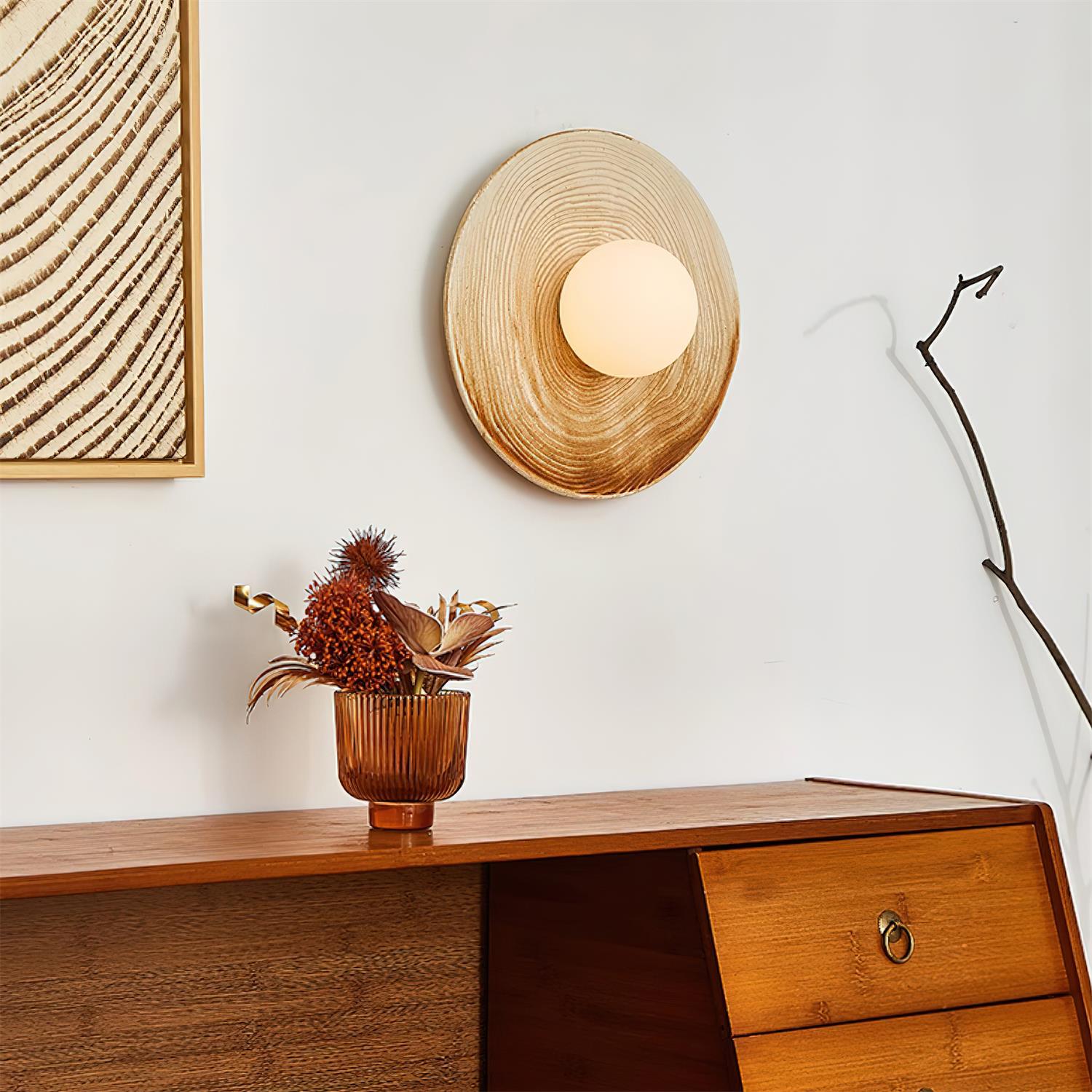 Wall Lamp Textured Ceramic Disc Wood Accent Modern Entryways - Neutralighting