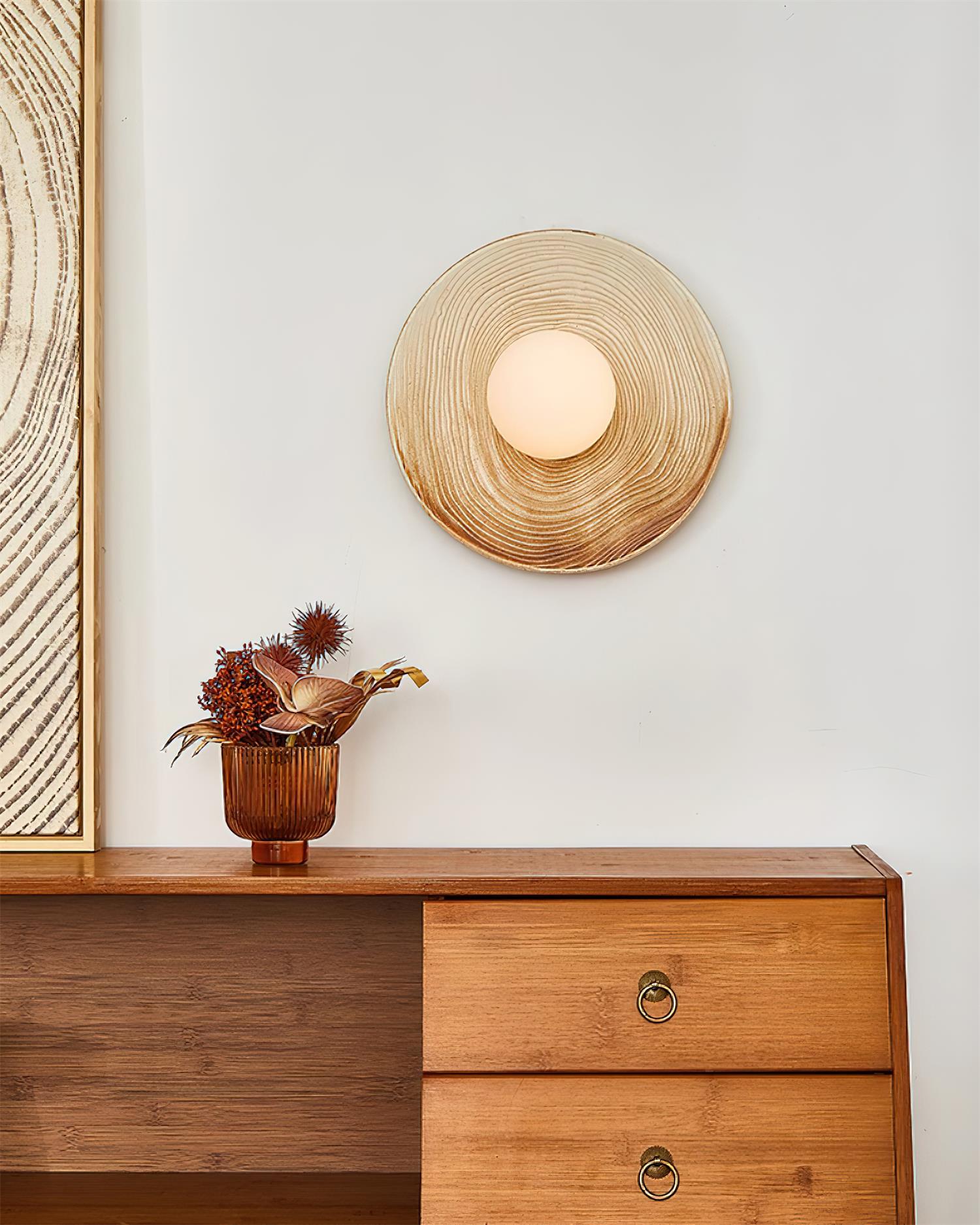 Wall Lamp Textured Ceramic Disc Wood Accent Modern Entryways - Neutralighting