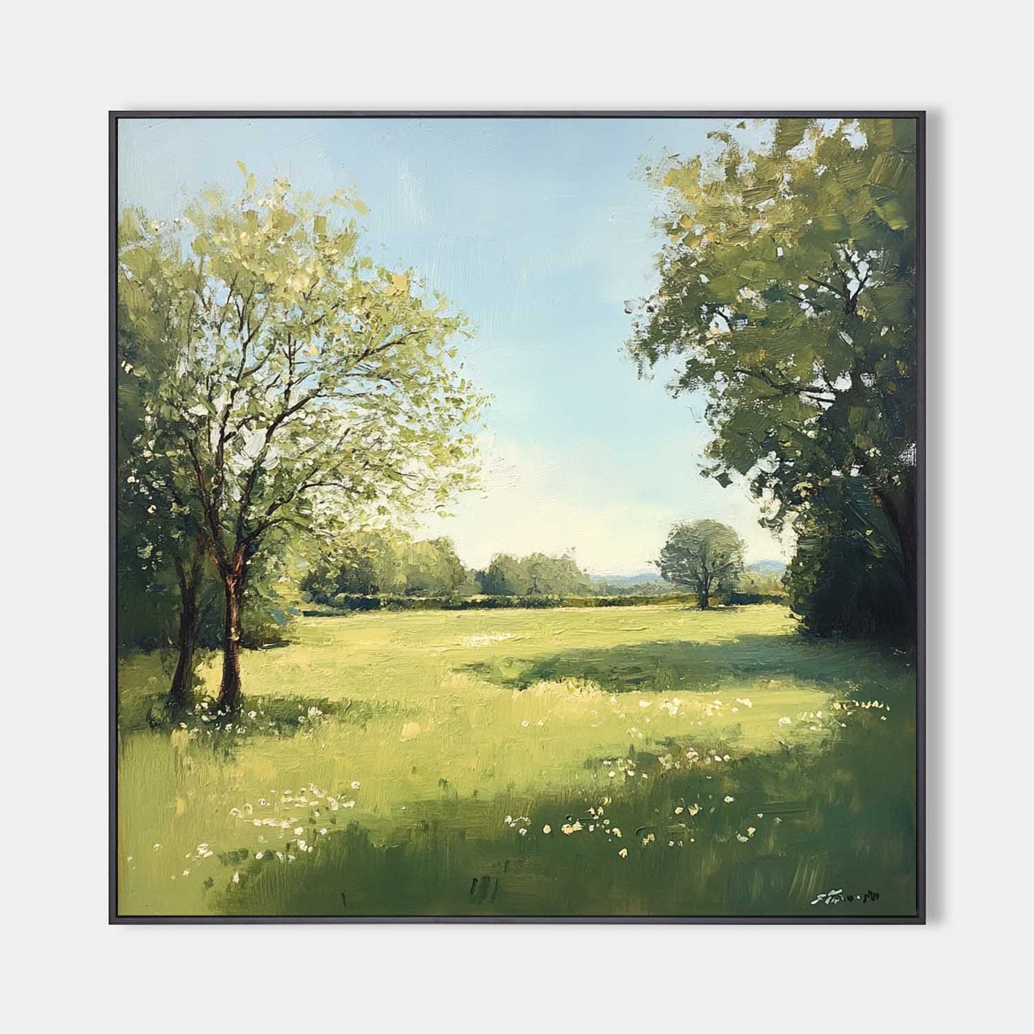 Green‑Blue Square Impasto Sunlit Pastoral Meadow Textured Artwork