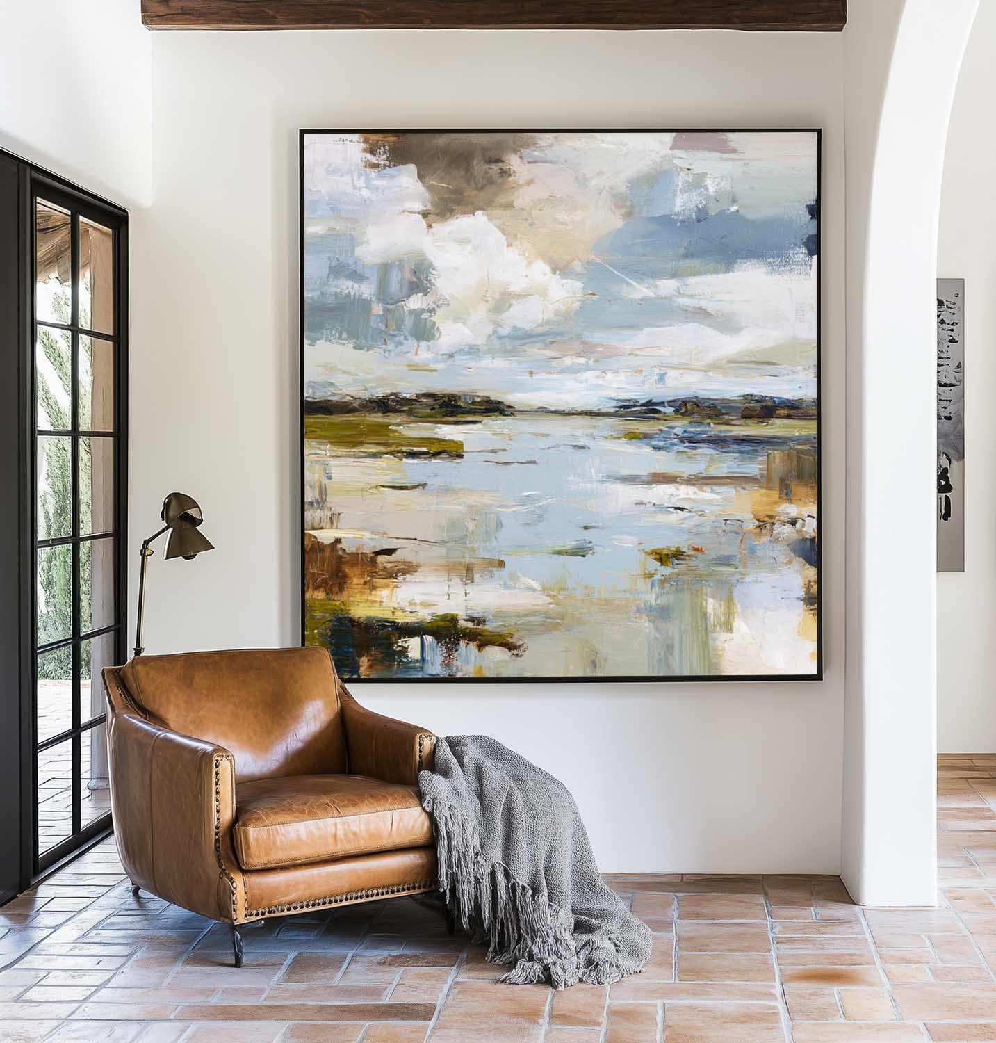 Blue‑White‑Ochre Square Impasto Abstract Coastal Landscape Artwork