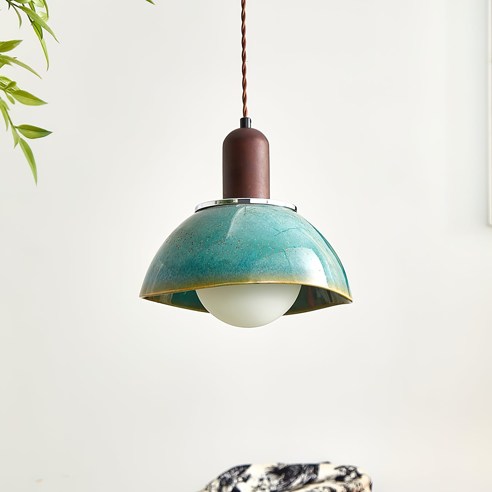 Pendant Lamp Ceramic Glazed Dome Walnut Wood Rustic Ambient Glow - Neutralighting