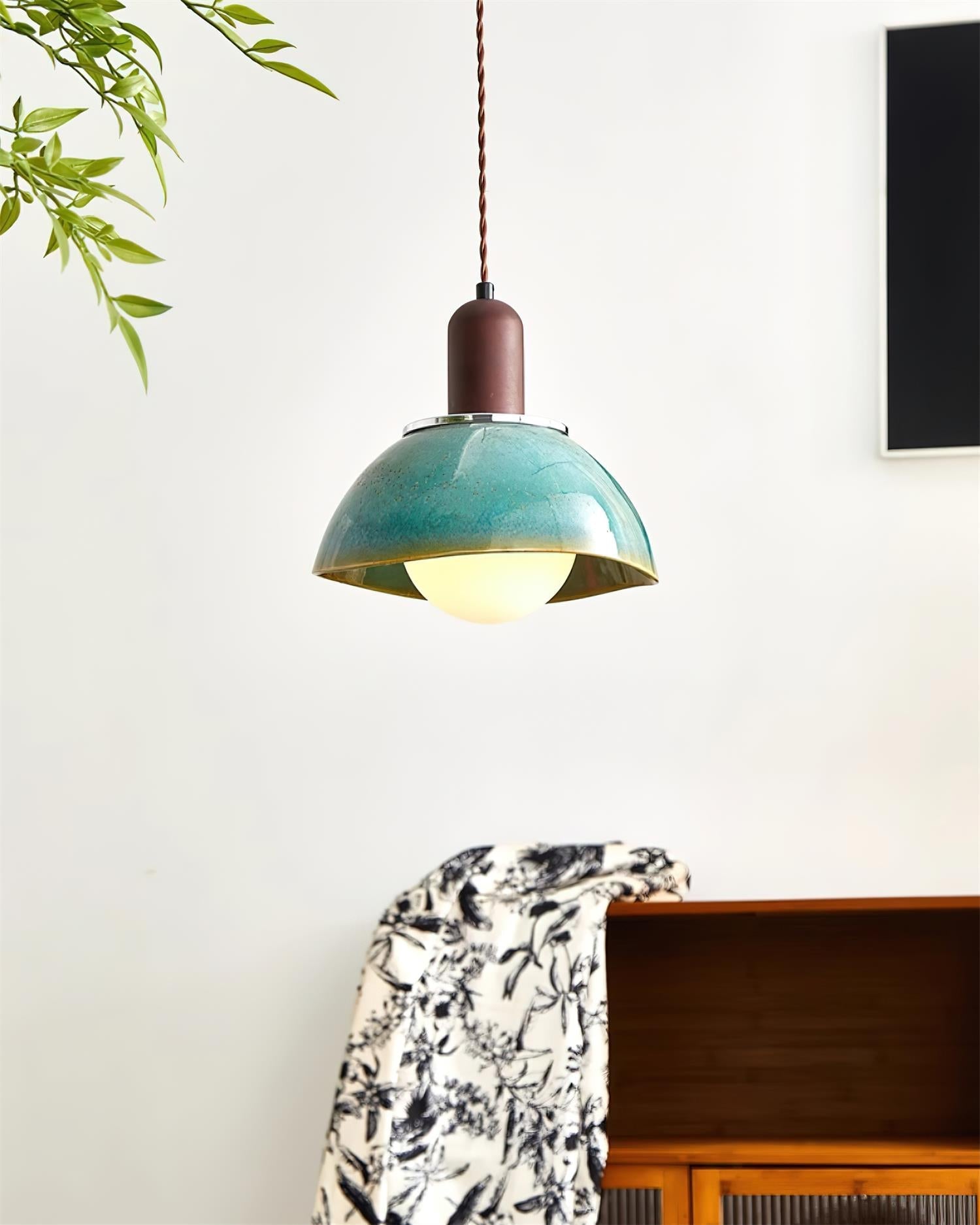 Pendant Lamp Ceramic Glazed Dome Walnut Wood Rustic Ambient Glow - Neutralighting