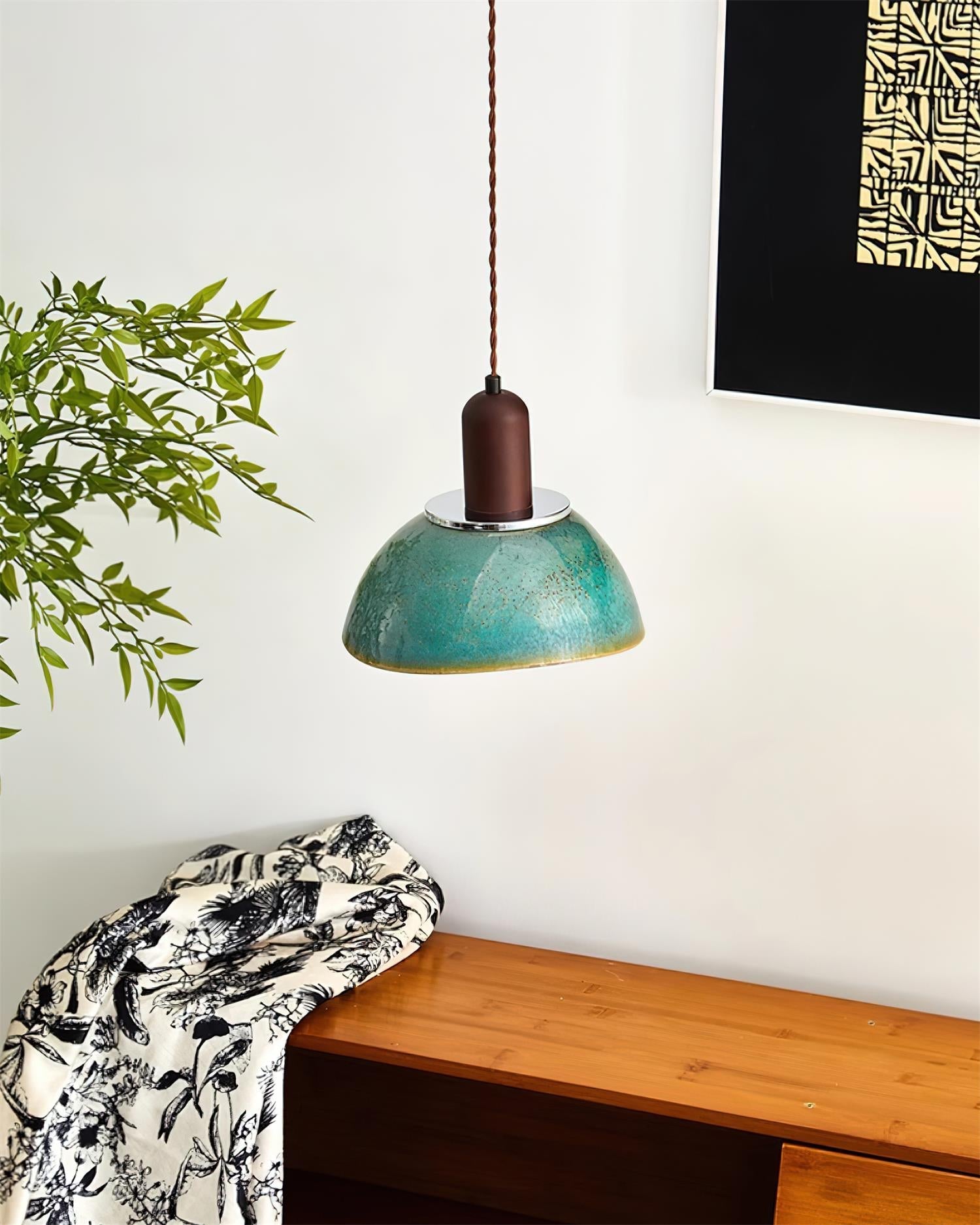 Pendant Lamp Ceramic Glazed Dome Walnut Wood Rustic Ambient Glow - Neutralighting