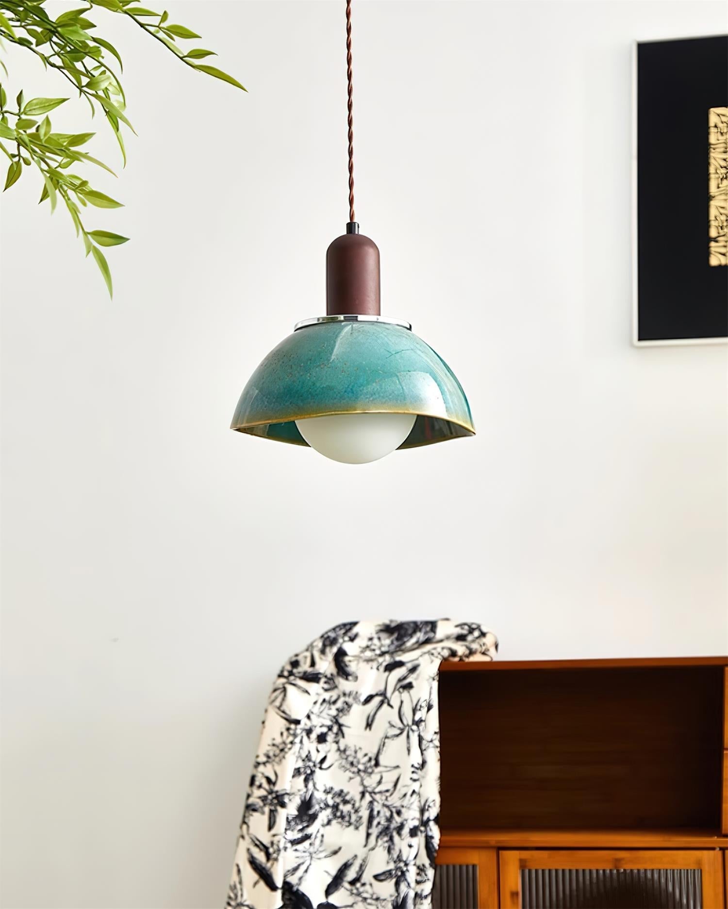 Pendant Lamp Ceramic Glazed Dome Walnut Wood Rustic Ambient Glow - Neutralighting