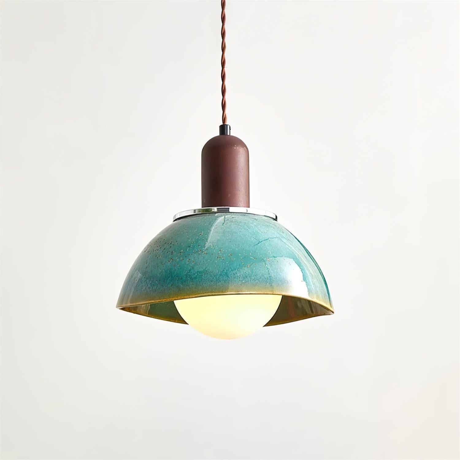 Pendant Lamp Ceramic Glazed Dome Walnut Wood Rustic Ambient Glow - Neutralighting