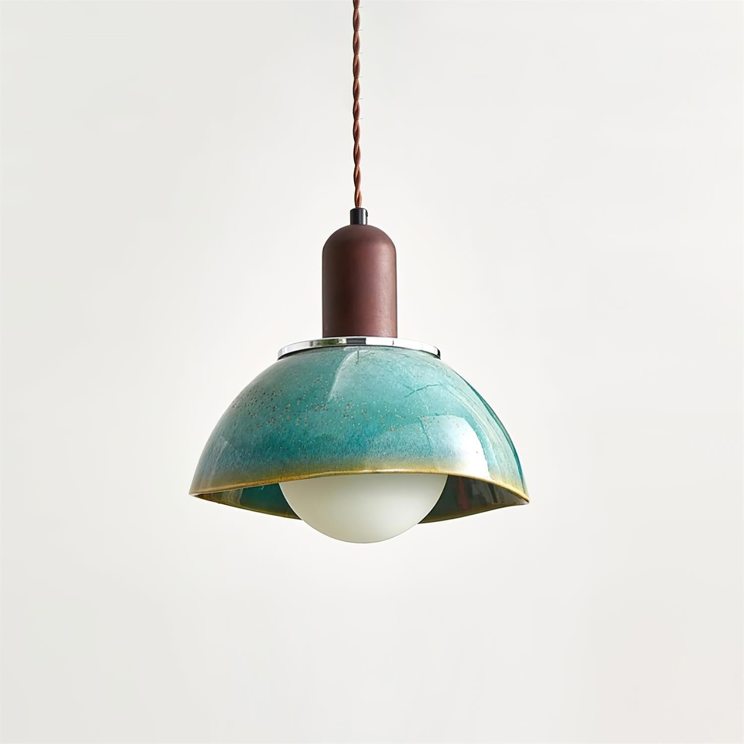 Pendant Lamp Ceramic Glazed Dome Walnut Wood Rustic Ambient Glow - Neutralighting