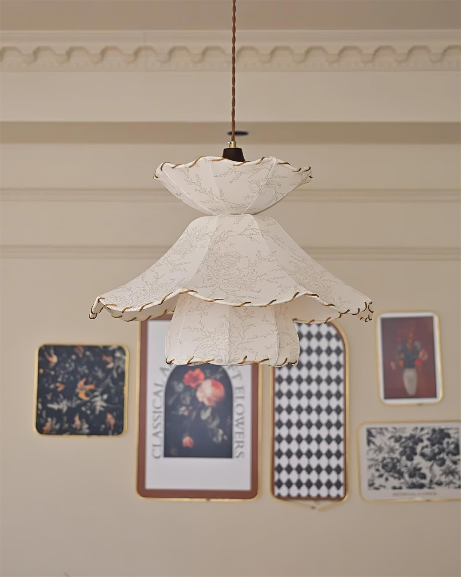 Pendant Lamp Scalloped Layered Fabric Shade Wood Minimalist - Neutralighting