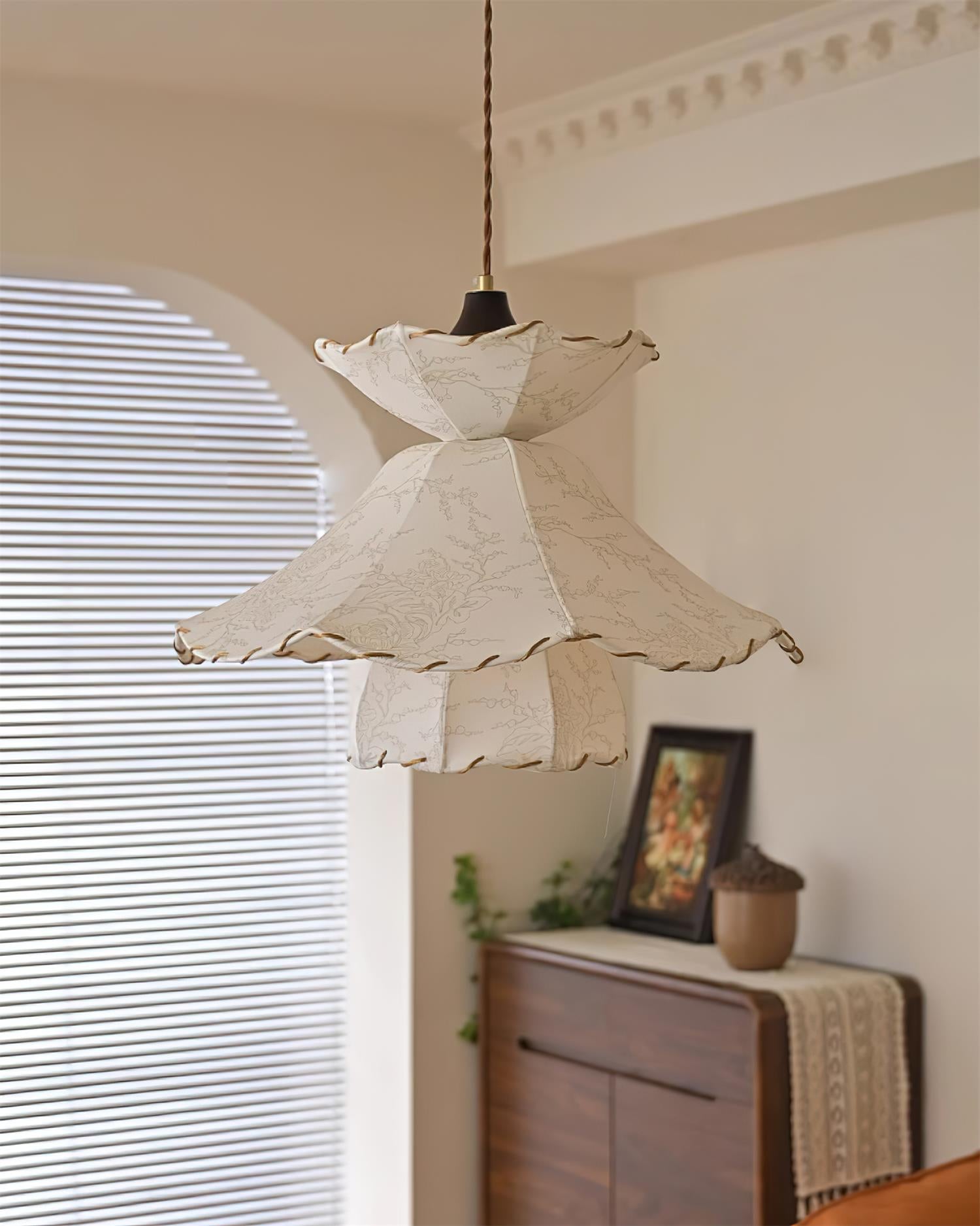 Pendant Lamp Scalloped Layered Fabric Shade Wood Minimalist - Neutralighting