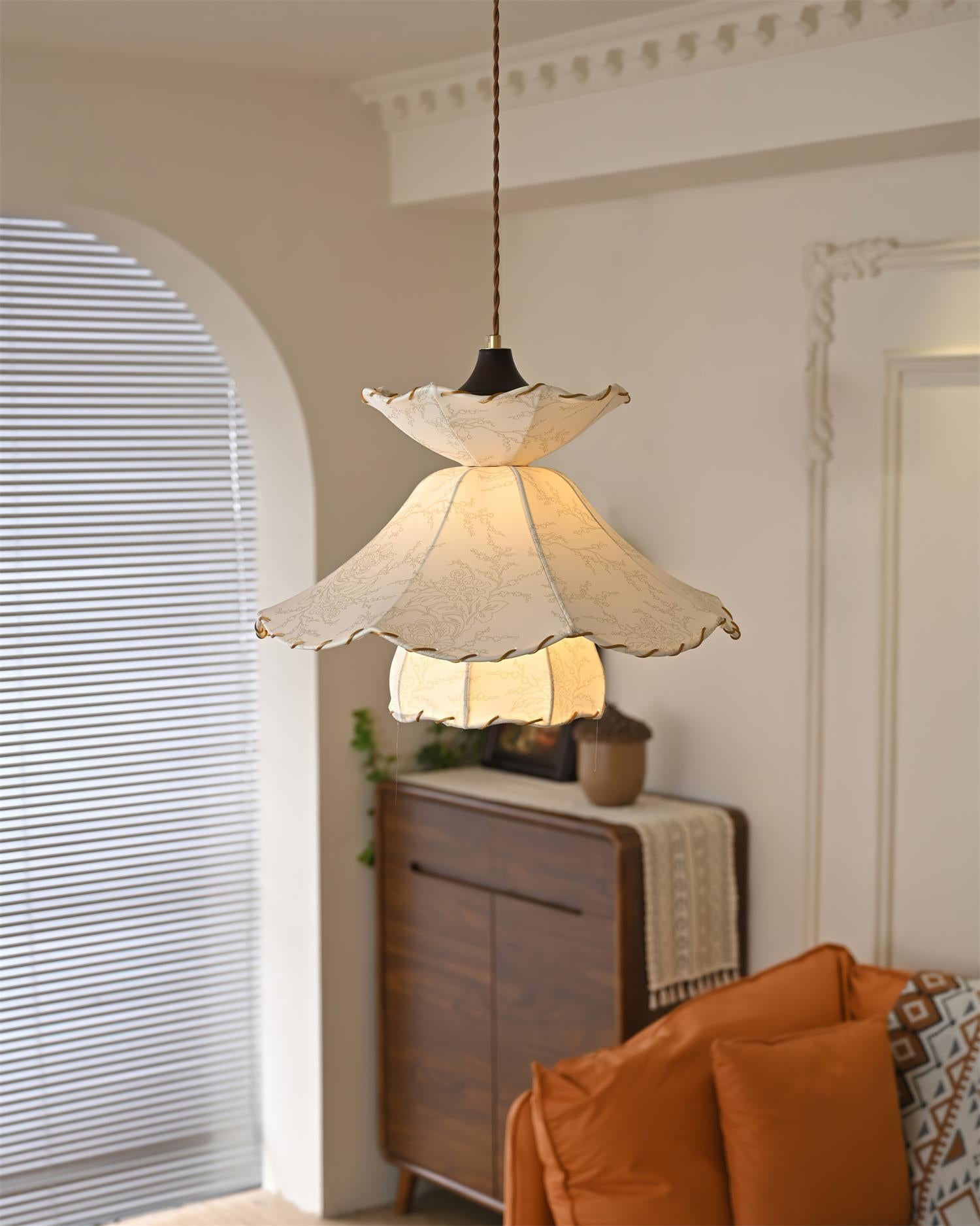Pendant Lamp Scalloped Layered Fabric Shade Wood Minimalist - Neutralighting