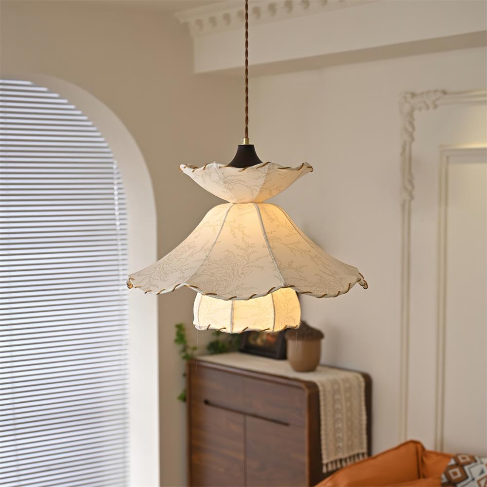 Pendant Lamp Scalloped Layered Fabric Shade Wood Minimalist - Neutralighting